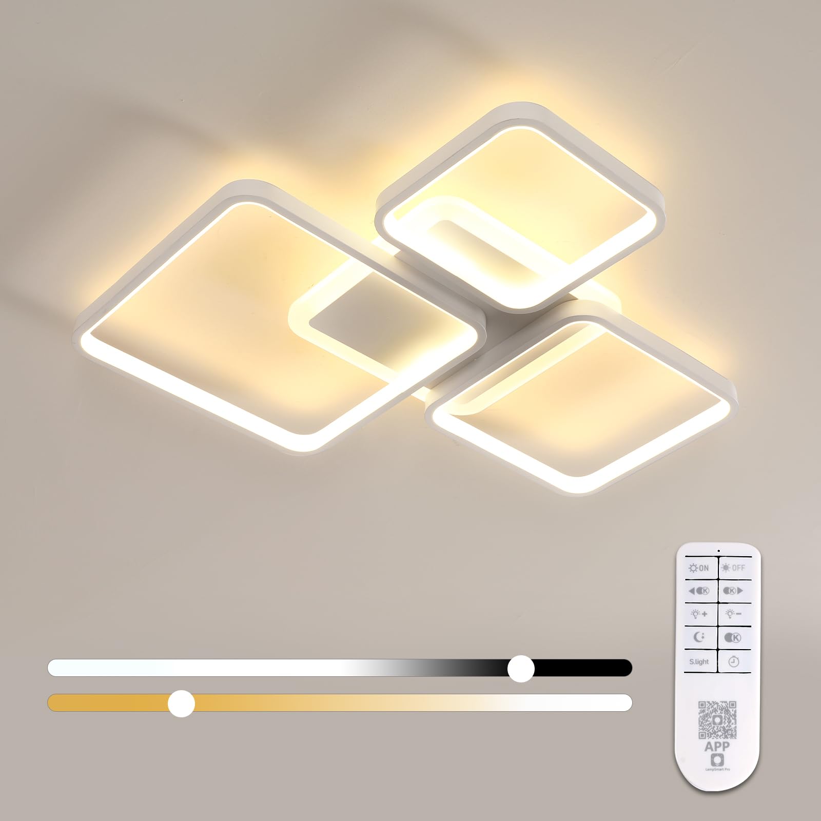 Plafoniera LED Soffitto Dimmerabile, 45W Lampadario LED Soffitto con Telecomando Funzione di Memoria 3000K-6500K 57cm, Moderna Plafoniera Quadrata per Camera da Letto Corridoio Cucina, Bianco