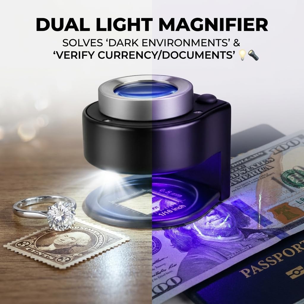 30-fache Lupe mit 6 LED-Lichtern, wiederaufladbar, tragbar, für den Schreibtisch, Metall, Juwelierlupe mit violettem Licht und weißem Licht, Schmuck, Währung und Briefmarken