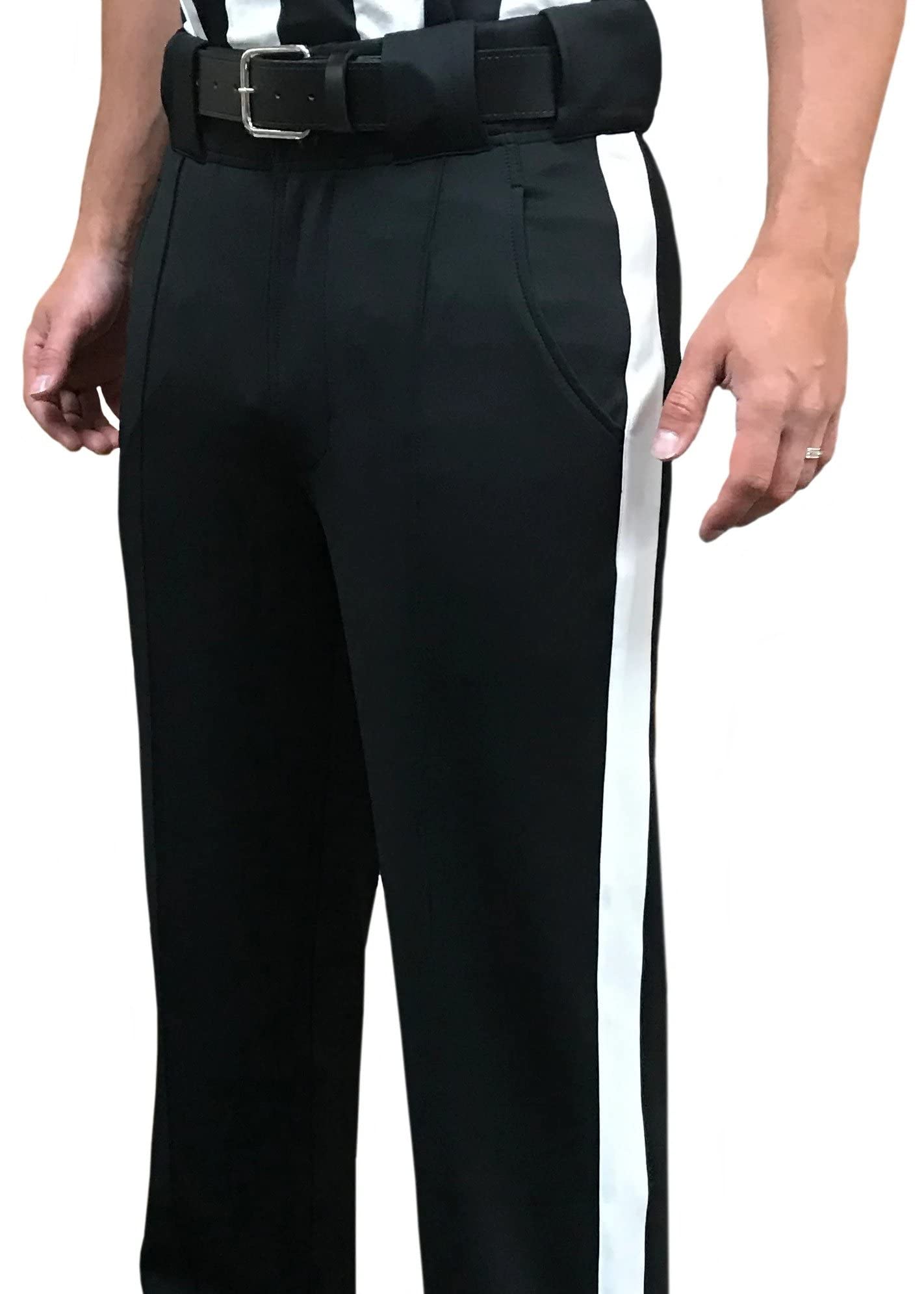 Smitty | FBS-184 | 4-Way Stretch Poly/Spandex Fabric Football Referee Pants | New 'Tapered Fit' | 1 1/4" White Stripe | Official's Choice! (46), Black, 46