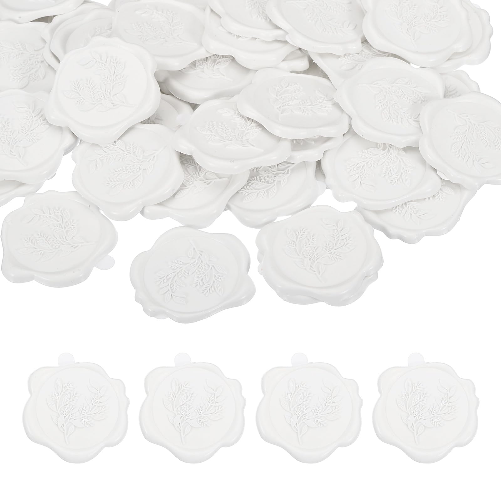 PATIKIL 50Pcs Eucalyptus Leaf Wax Seal Stickers, Plant Embossed Self Adhesive Backed Envelopes Seal Sticker Accessories for Wedding Invitation Letter Birthday Party Gift, White