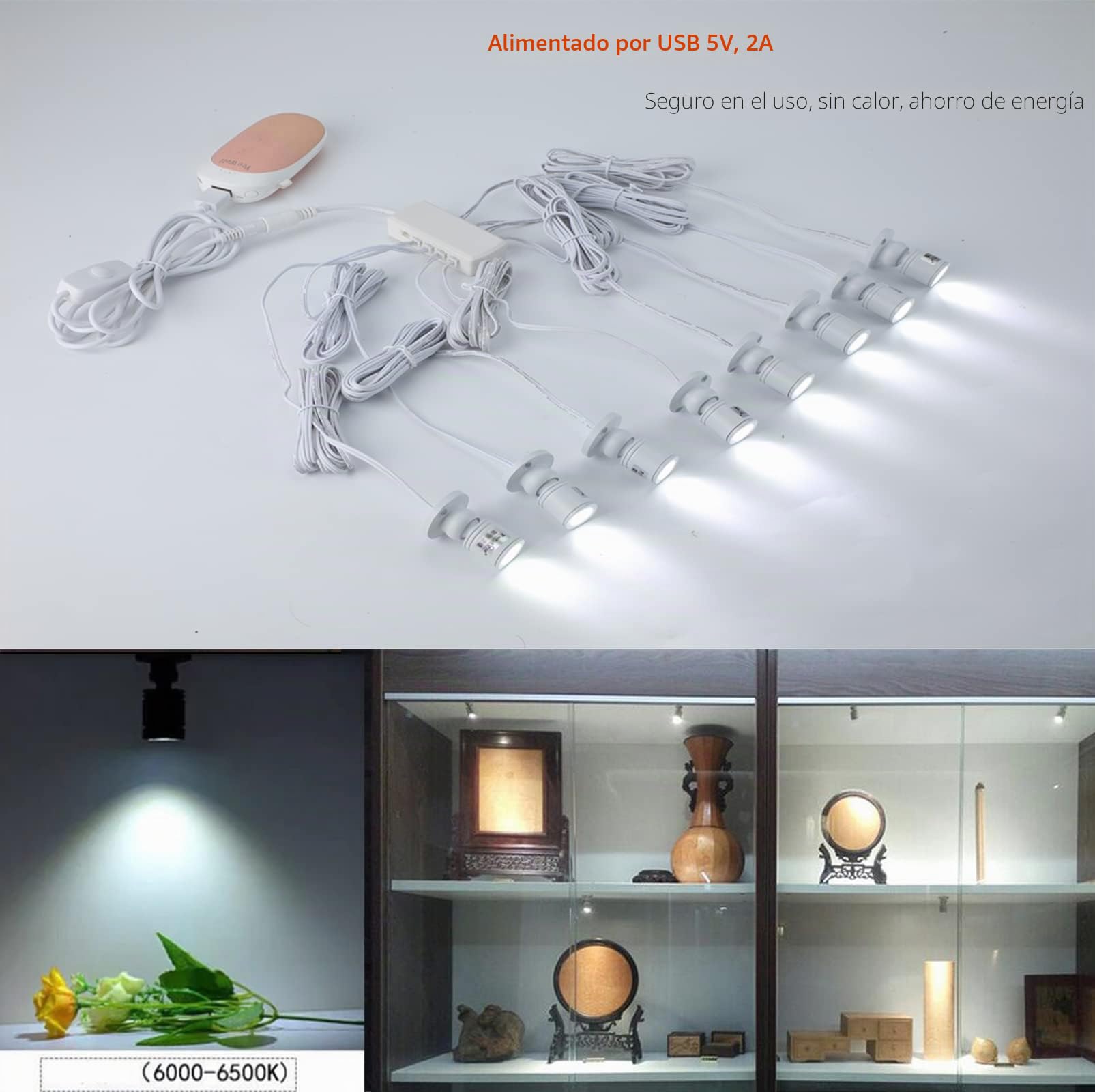Cefrank Mini focos para vitrina, mostrador de cristal, 8 x 1 W, luz LED montada en superficie, lámpara de joyería, focos regulables (juego de 8 unidades, blanco frío 6000 K)