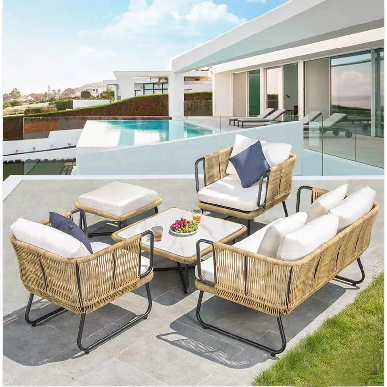 Image of Single Seater Sofa Antique Design Rope Furniture Set with Cushions for Living Room Outdoor Indoor Roof top Garden (Beige and White)