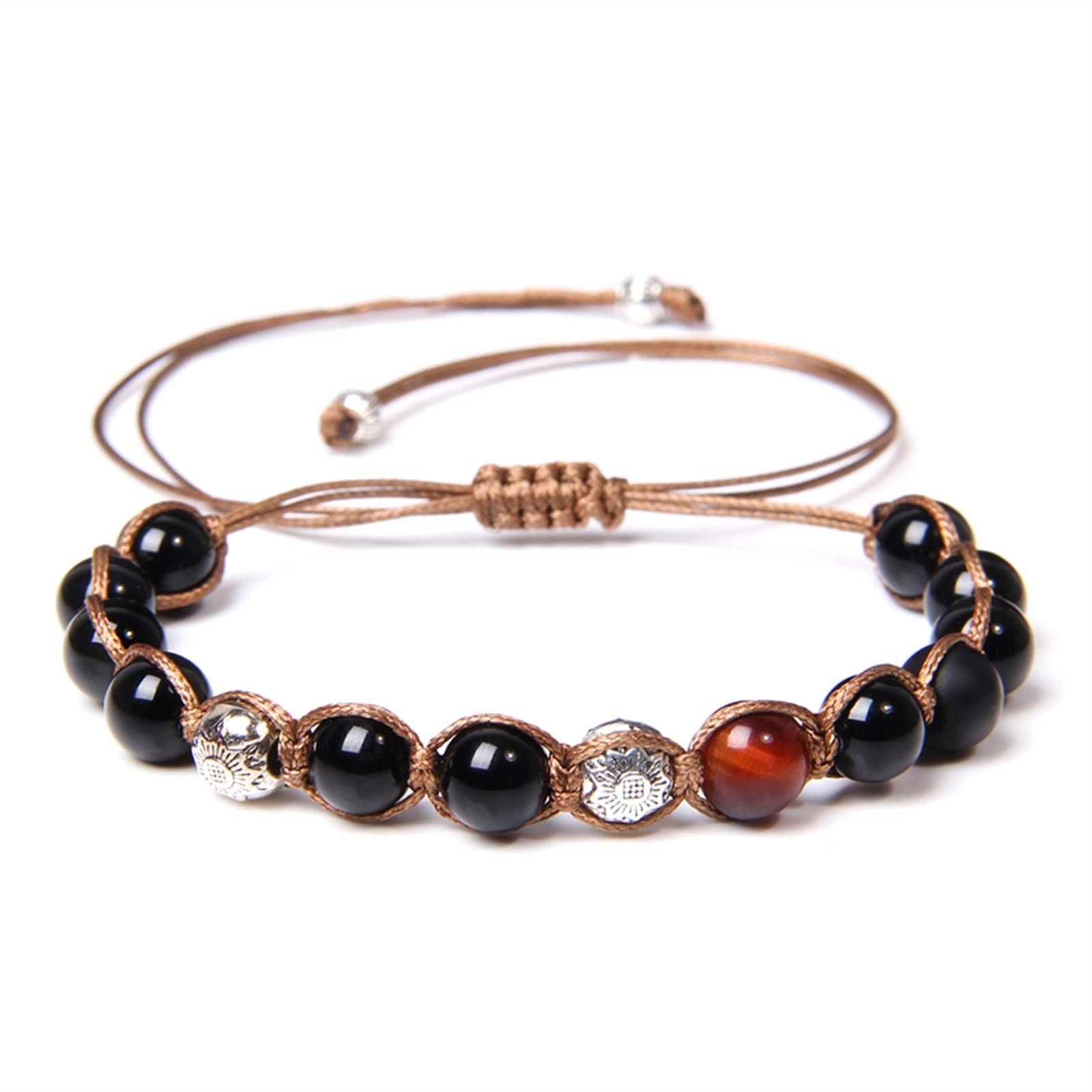 Naturstein-Armband, Vintage-Armband für Herren, handgefertigt, geflochten, polierte schwarze Onyx-Perlen, Armreif, natürliches rotes Tigerauge, gewebtes Armband, verstellbarer Schmuck, Armband-Schmuck