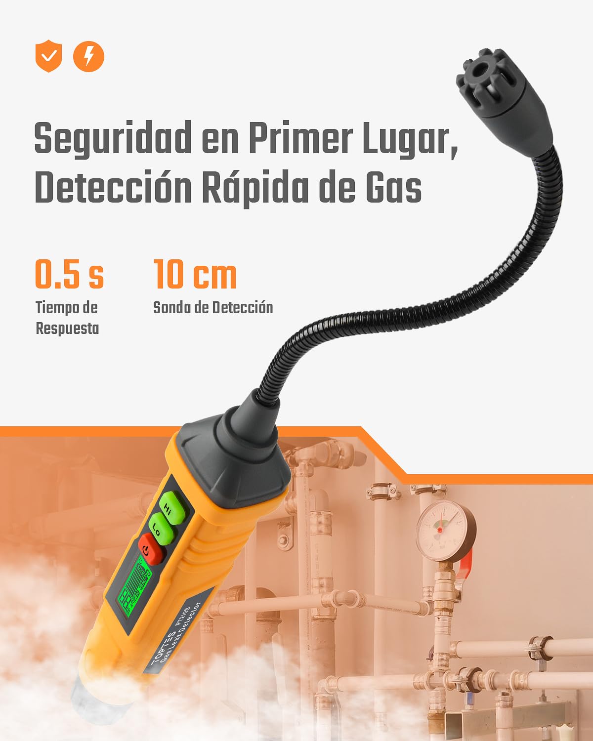 Detector de Gas Natural, TopTes PT210S Detector portátil de Fugas de Gas con sonda de 4 Pulgadas para localizar Gases combustibles como Gas Natural, midiendo%LEL (baterías Incluidas) - Naranja
