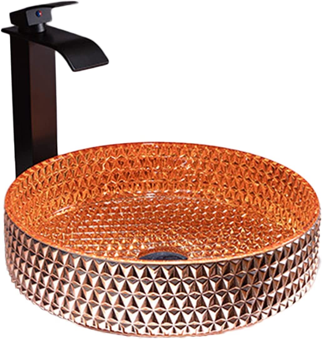 WOTZOV Ceramic Bathroom Sink Bathroom Basin Sink 400Mm Crystal Glass Round Vessel Sink, Artistic Bathroom Lavatory Bowl Basin, Creative Countertop Washbasin With Faucet Mounting,Silverorangeartbasin
