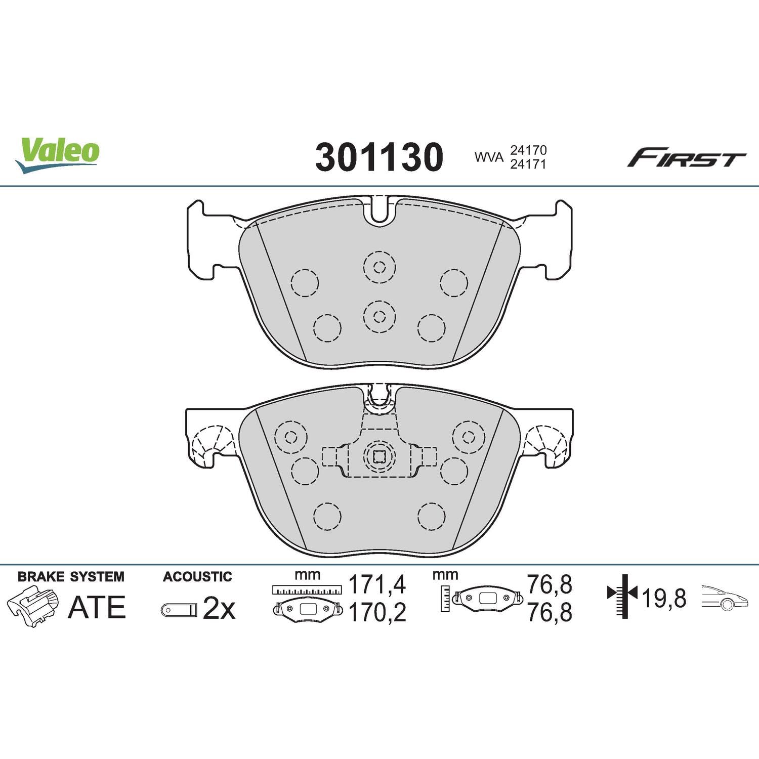 Valeo Juego de 4 Pastillas de Freno Essential 301130, Eje Delantero