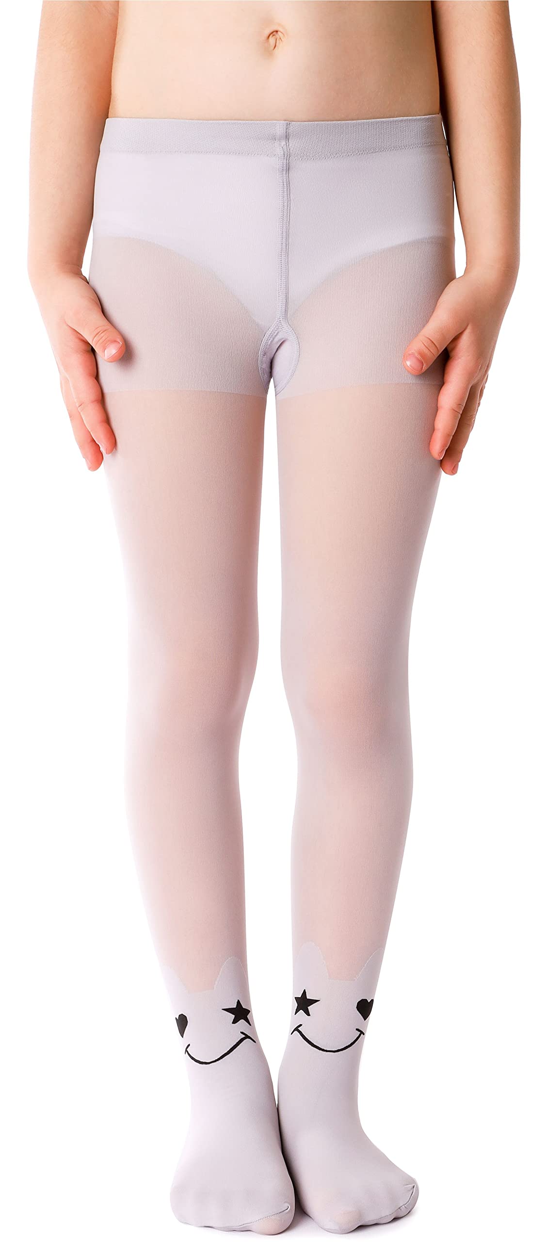 NOQ Girls Tights with 3D Effect Pattern Plain Dance Gymnastic School Pantyhose Fancy Outfit Little Princess, Happy Silver 8-9 years (128-134 cm)