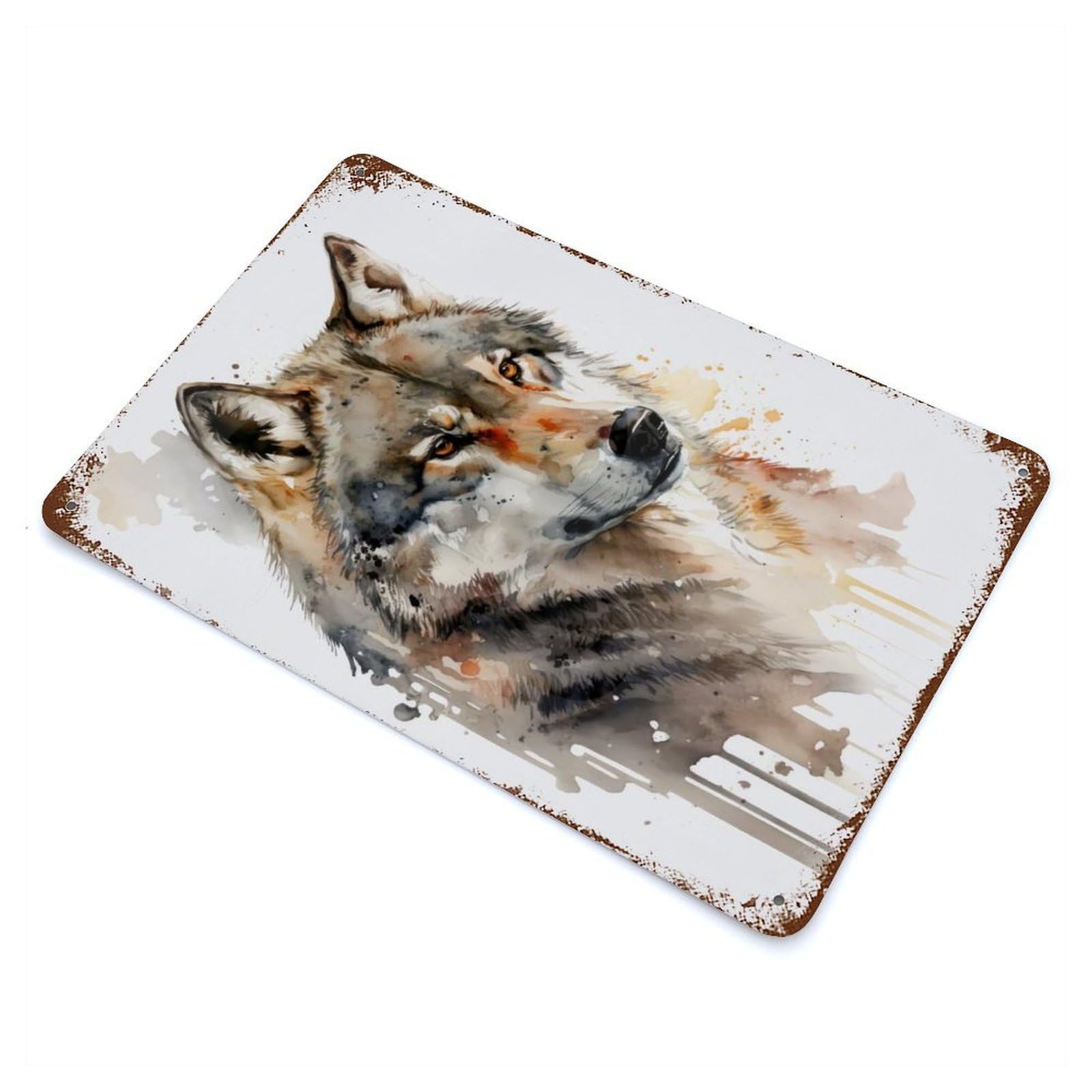 Wolf Watercolor Rusty Metal Tin Sign 11.8"x7.9", for Basement, Hobby Room And Garage Decor, Retro Wall Decor