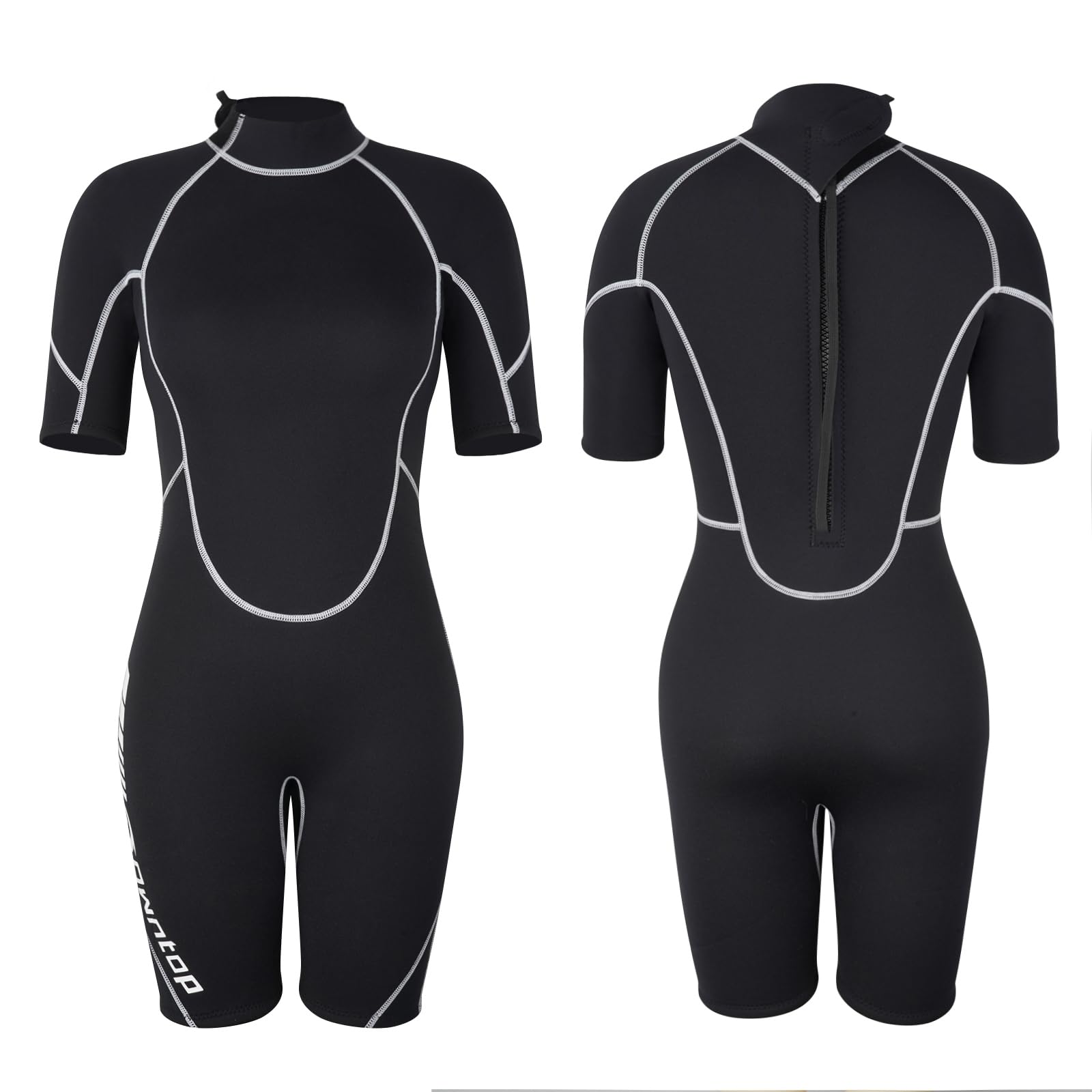 Owntop Combinaison Shorty 3/2mm Femmes - Combinaison de Plongée à Fermeture Éclair Arrière pour Plongée Surf, Manches Courtes Néoprène Extensible pour Sports Nautiques, Femme Noir L