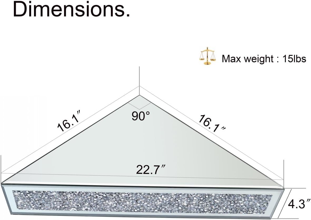 Mirrored Floating Corner Shelf, Silver Mirror Crushed Diamond Decorative Wall Shelf for Home Decoration Crystal Diamond Wall Art Decor Accent Piece Showcase 11.8" L×11.8" W×3.1" H, Set of 2