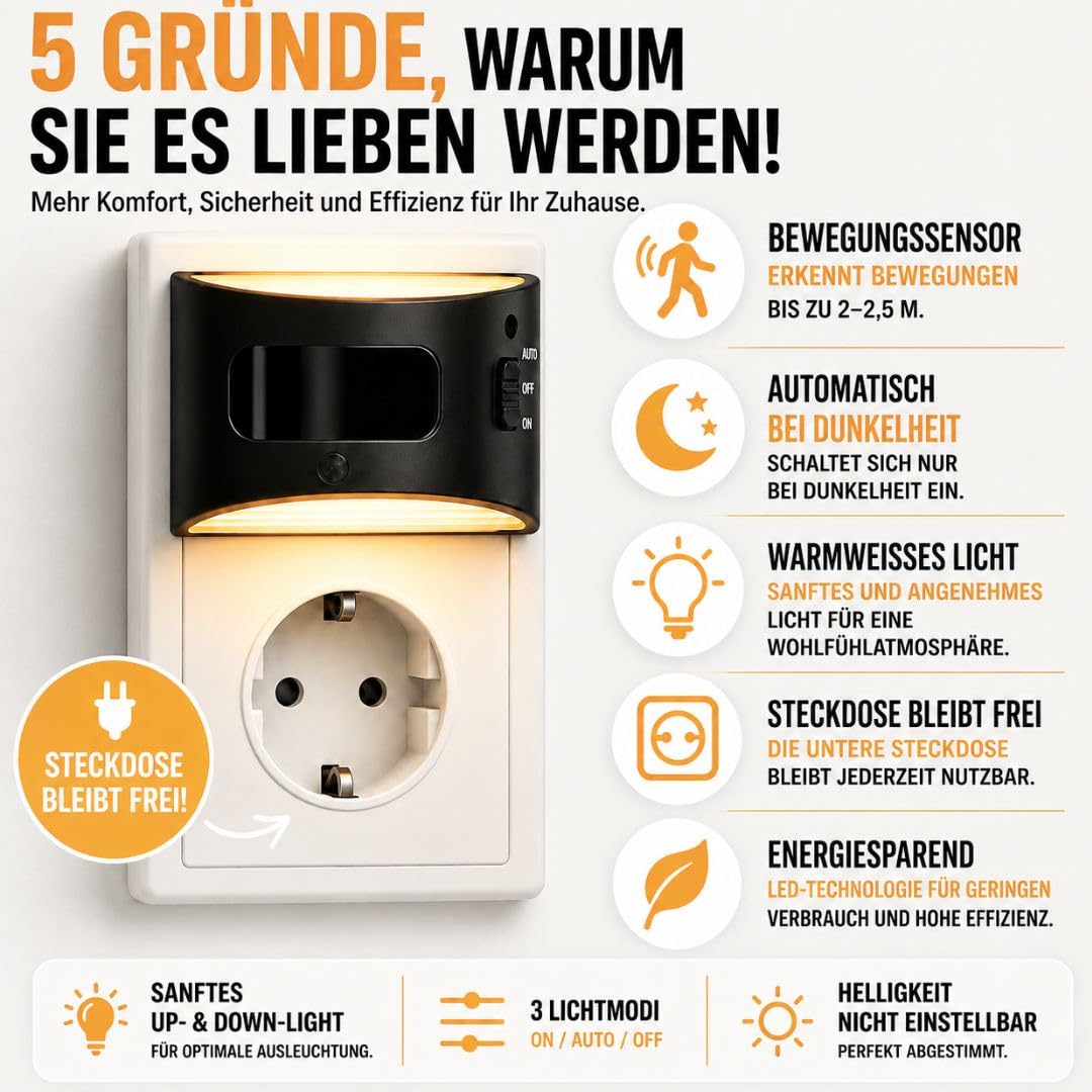 Luce notturna a LED con sensore di movimento per presa, luce bianca calda, sensore crepuscolare, confezione da 2