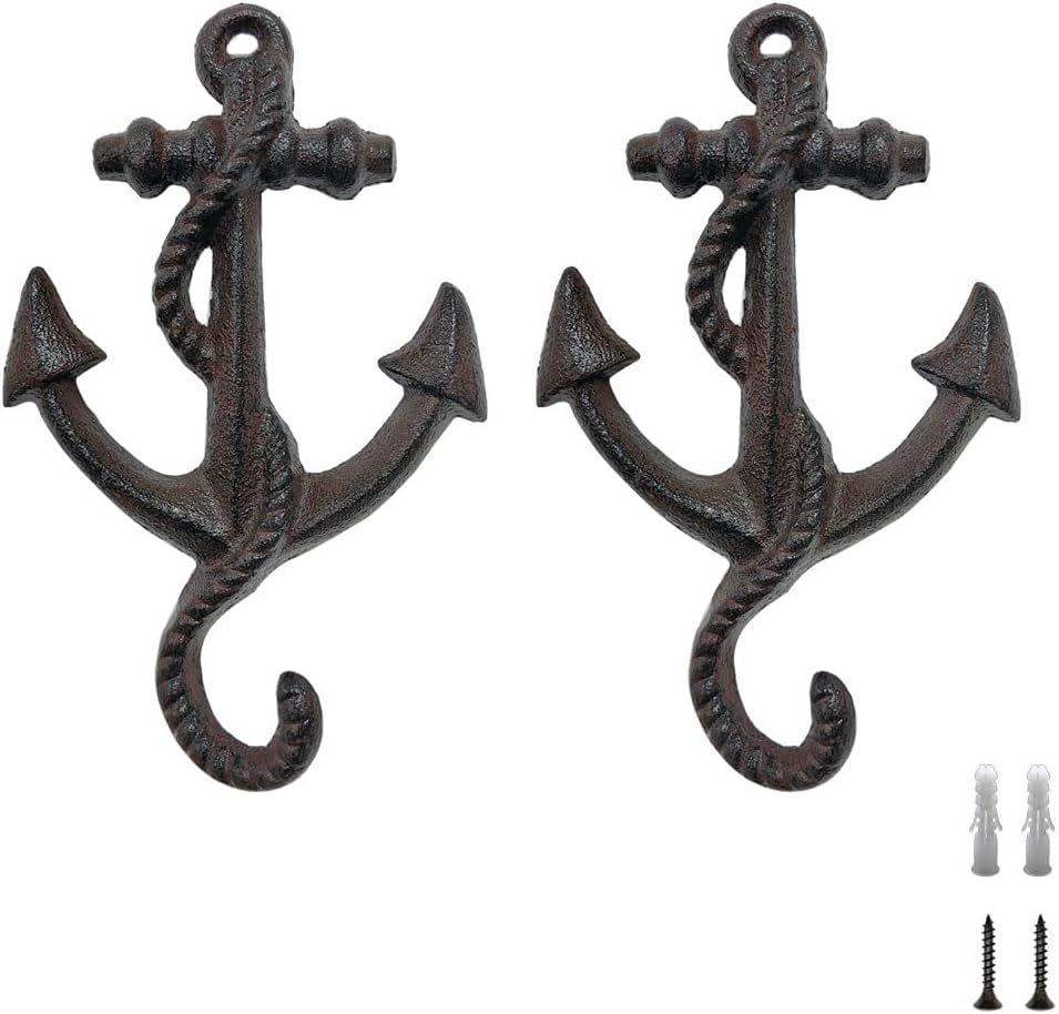 2 Pack Cast Iron Anchor Wall Hooks, Nautical Beach Towel Wall Rack