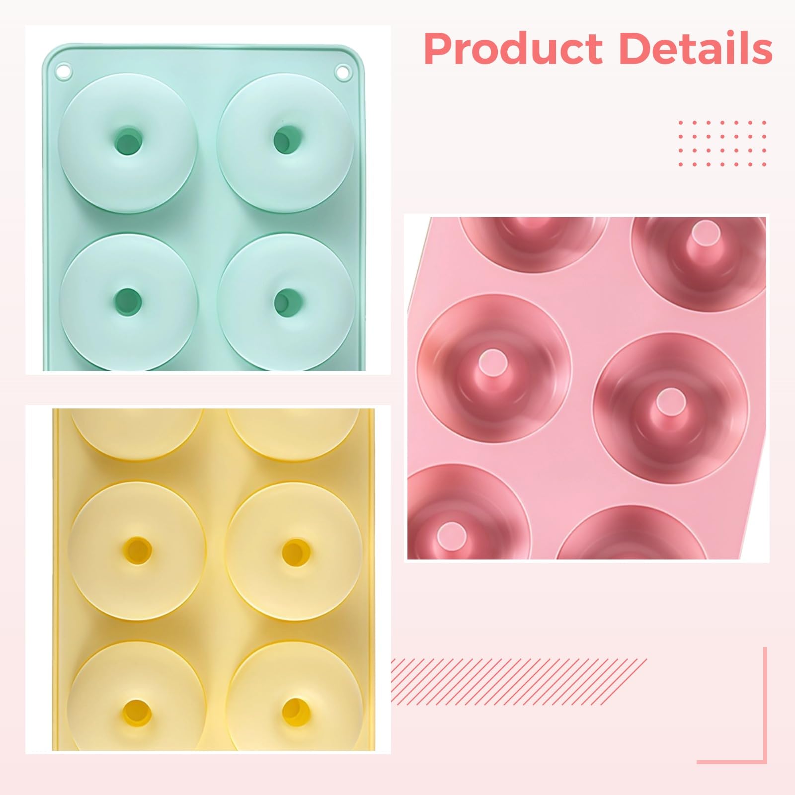 Moule à donuts en silicone, lot de 4, ronds, 6 cavités, couleurs macaron, avec trous de suspension, silicone adapté au contact alimentaire, idéal pour biscuits, beignets et desserts