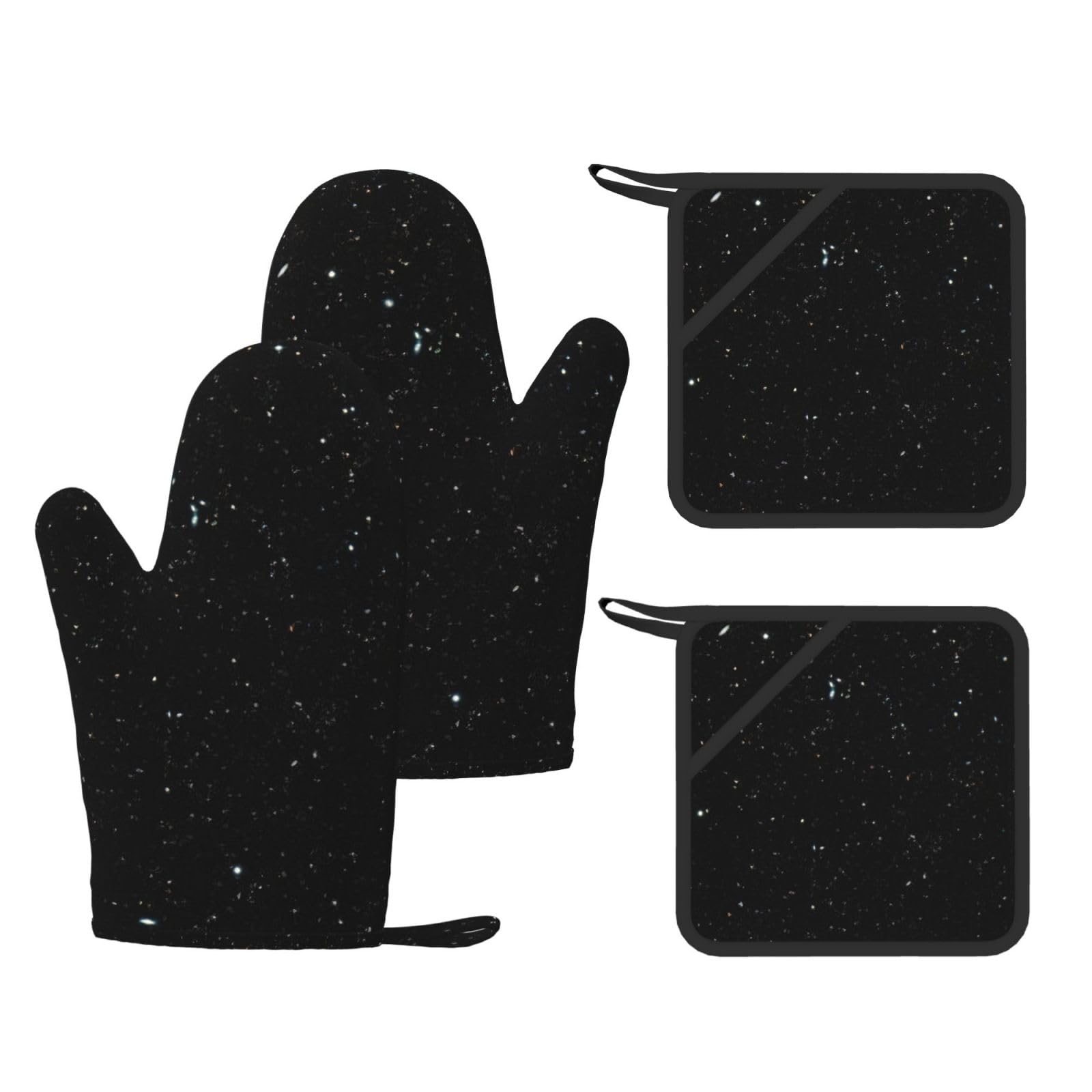 Nimongt Black Glitter Print Heat Resistant Gloves Pads Reusable Kitchen Set Oven Baking Grilling Cooking