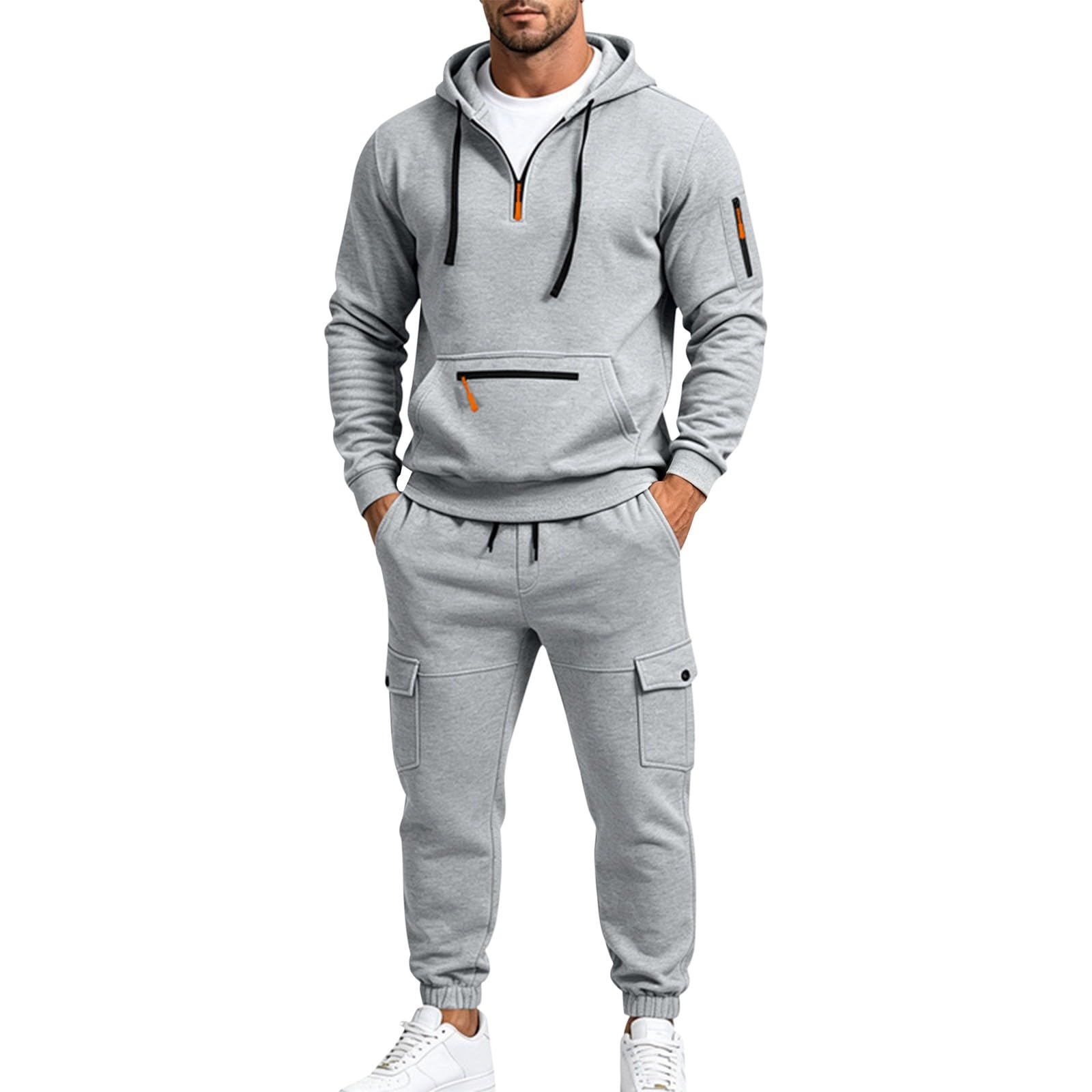 Tuta da uomo con cappuccio e pantaloni della tuta cargo con mezza zip