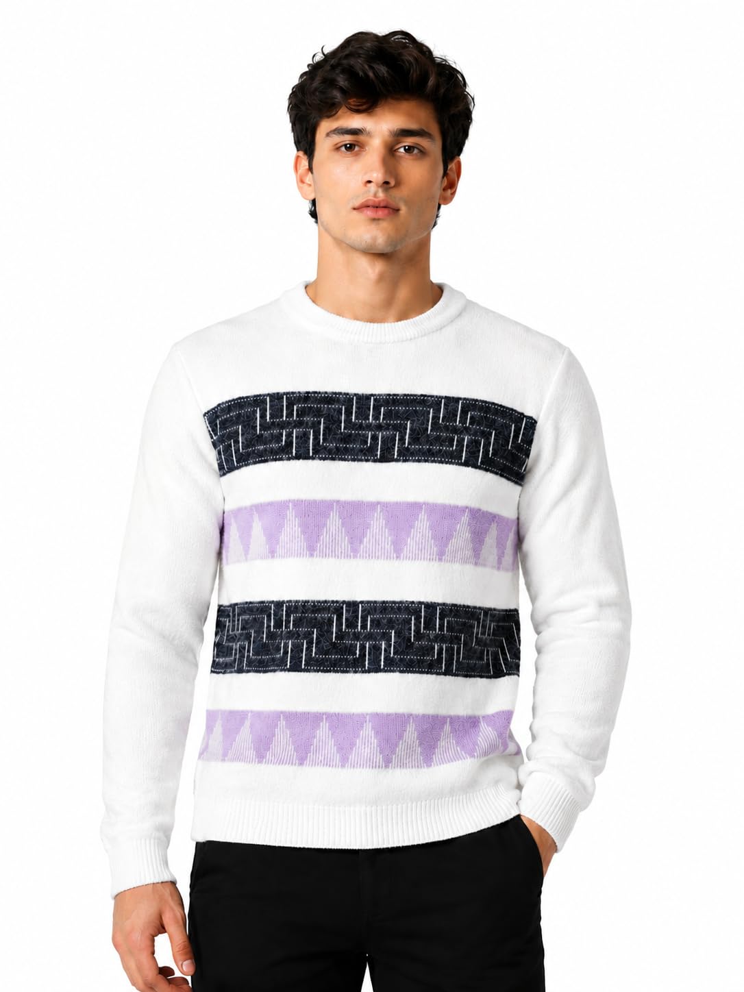 Men's Self Design Round Neck Full Sleeve Soft Knit Winter Pullover | Regular Fit Casual Geometric Pattern Sweater for Men-Purple-M-picture-20