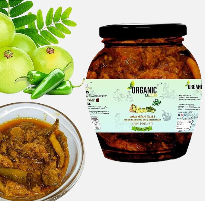 Image of Organic Anand Pure & Natural Amla-Mirchi Pickle | Indian Gooseberry & Green Chilly Achar | Fresh Homemade Amla Achar | Authentic, No Preservative | 350 gm Matka Jar