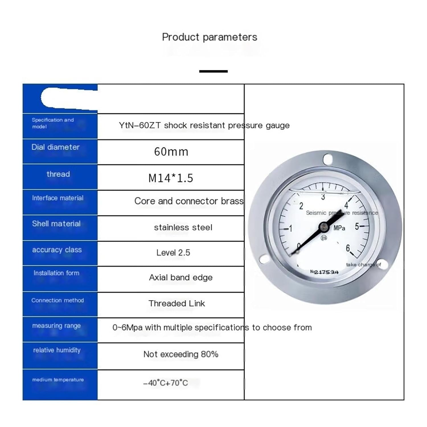 YTN-60ZT Earthquake-Resistant Vacuum Pressure Gauge 60mm axial 2.5-Level Pointer Vacuum Gauge Oil Pressure Gauge Water Pressure Gauge 0-6mpa(0-1mpa)