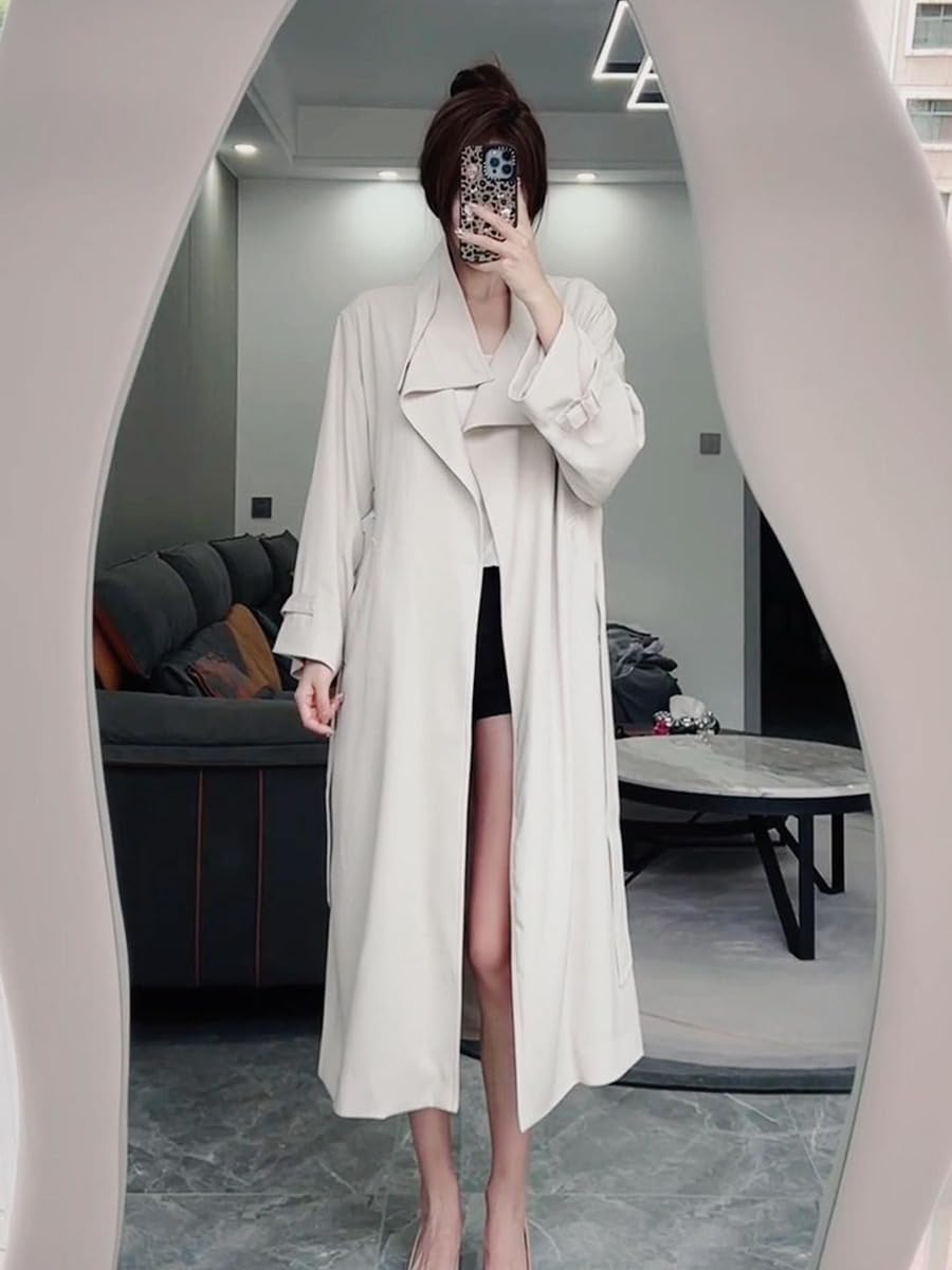HSQIBAOER Women's Overcoats Long Trench Coat White Stand Collar Fall Belted Jacket for Women