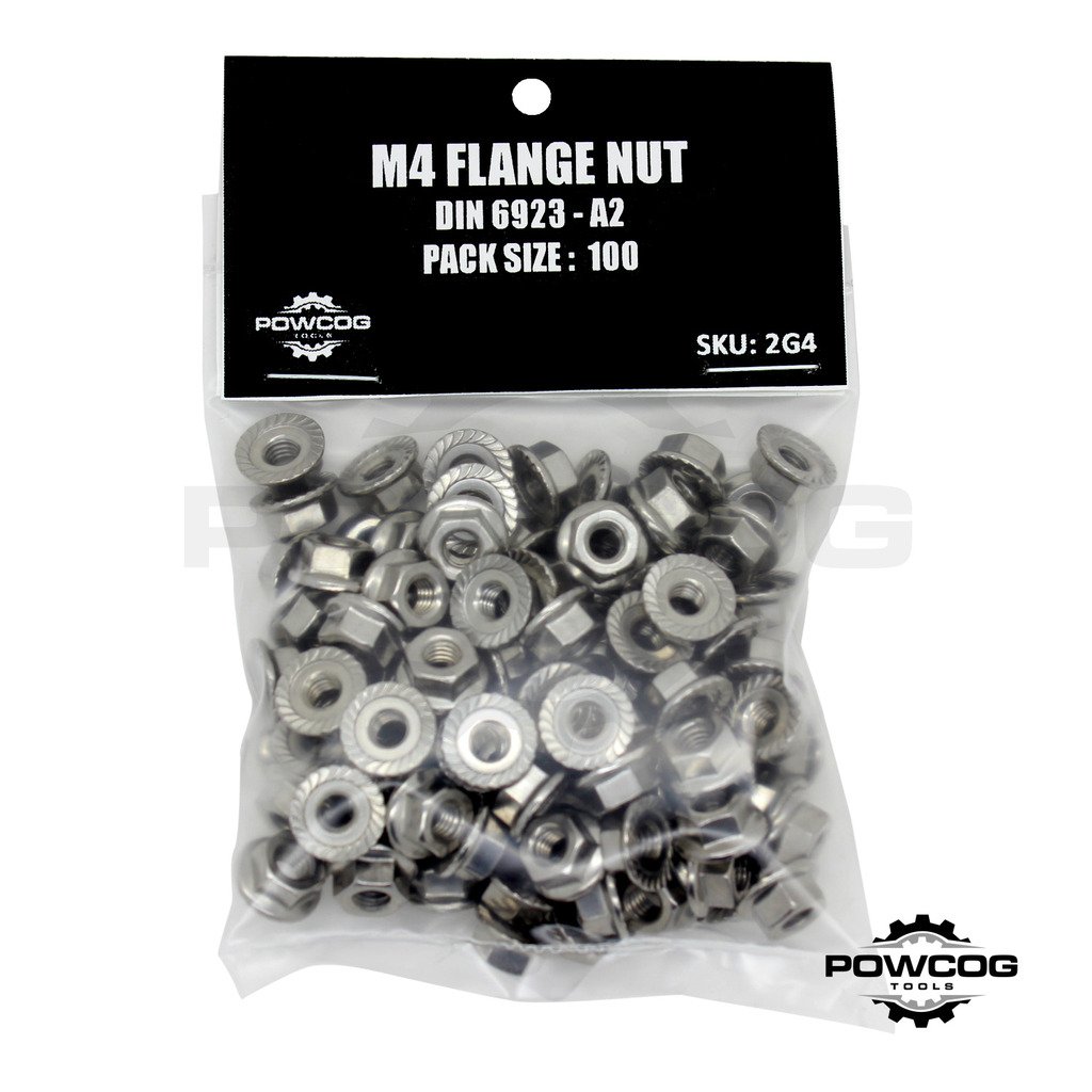 M4 Serrated Flange NUT - A2 Grade 304 Stainless Steel 4mm Metric Hexagon Nuts - DIN 6923 - by POWCOG® - Pack of 100