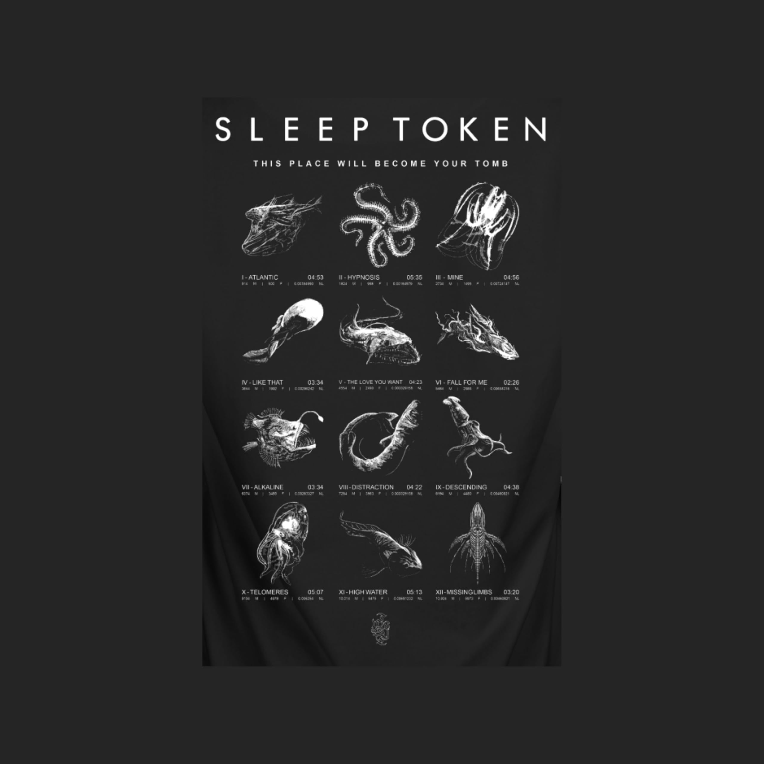 Sleep Token Hoodie Tiefentabelle Erwachsene Vorder- und Rückseite Druck Schwarz Kapuzen-Sweatshirt Metall Rock Band Bekleidung