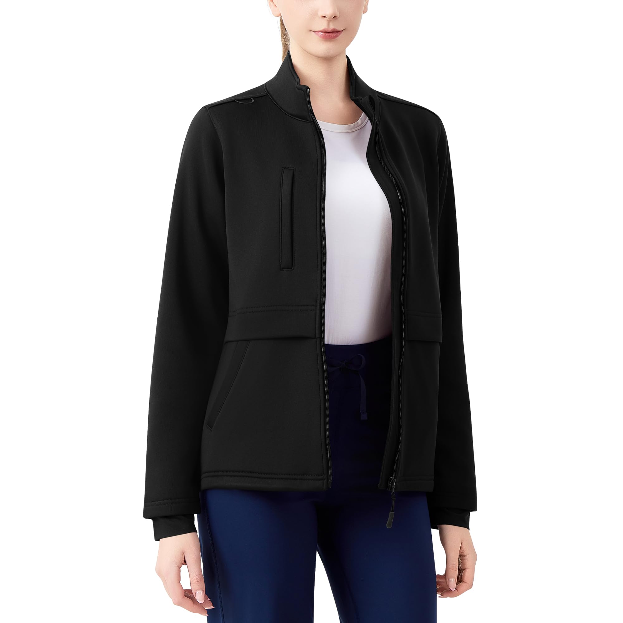 QBK Women's Heavyweight Bonded Fleece Scrub Jacket, Warm Modern Fit Zip-up Front Uniform Coat with 5 Pockets Black Large