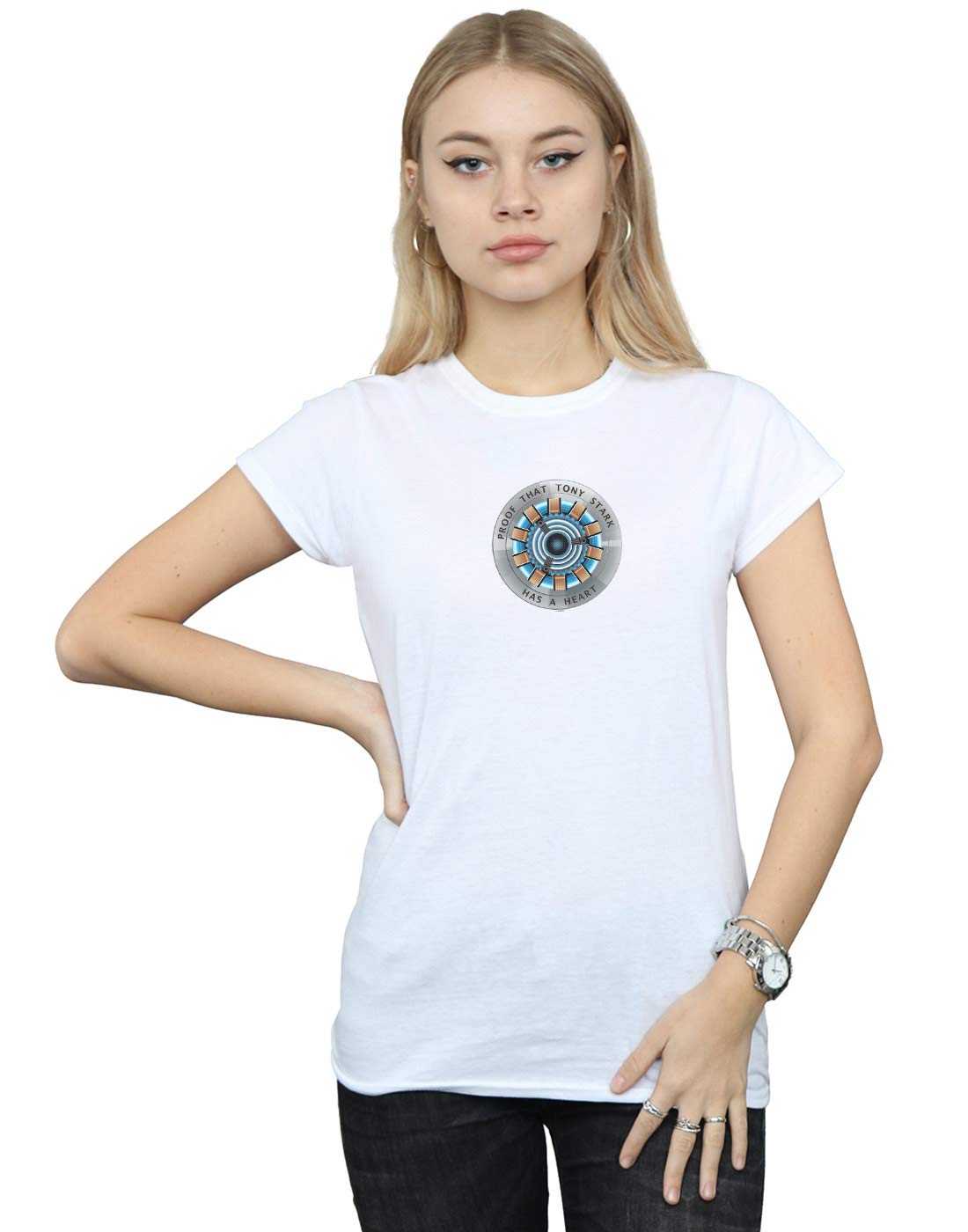 Absolute Cult Women's White Marvel Avengers Endgame Tony Stark Heart T-Shirt Small