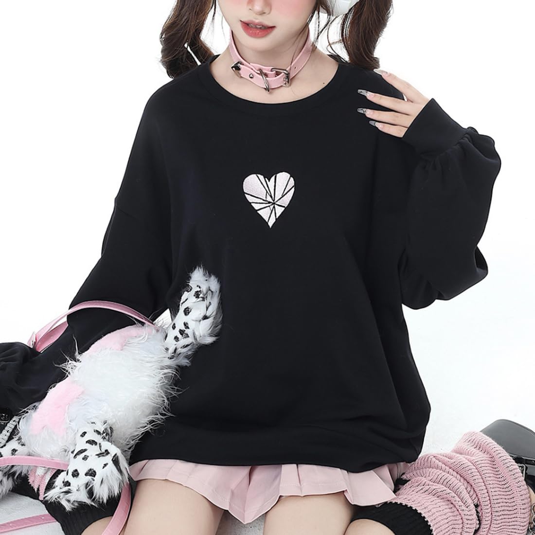 EMILYLE Women Back Lace Up Sweatshirt Long Sleeve Crew Neck Pullover Cute Style Outwear(pink,L)