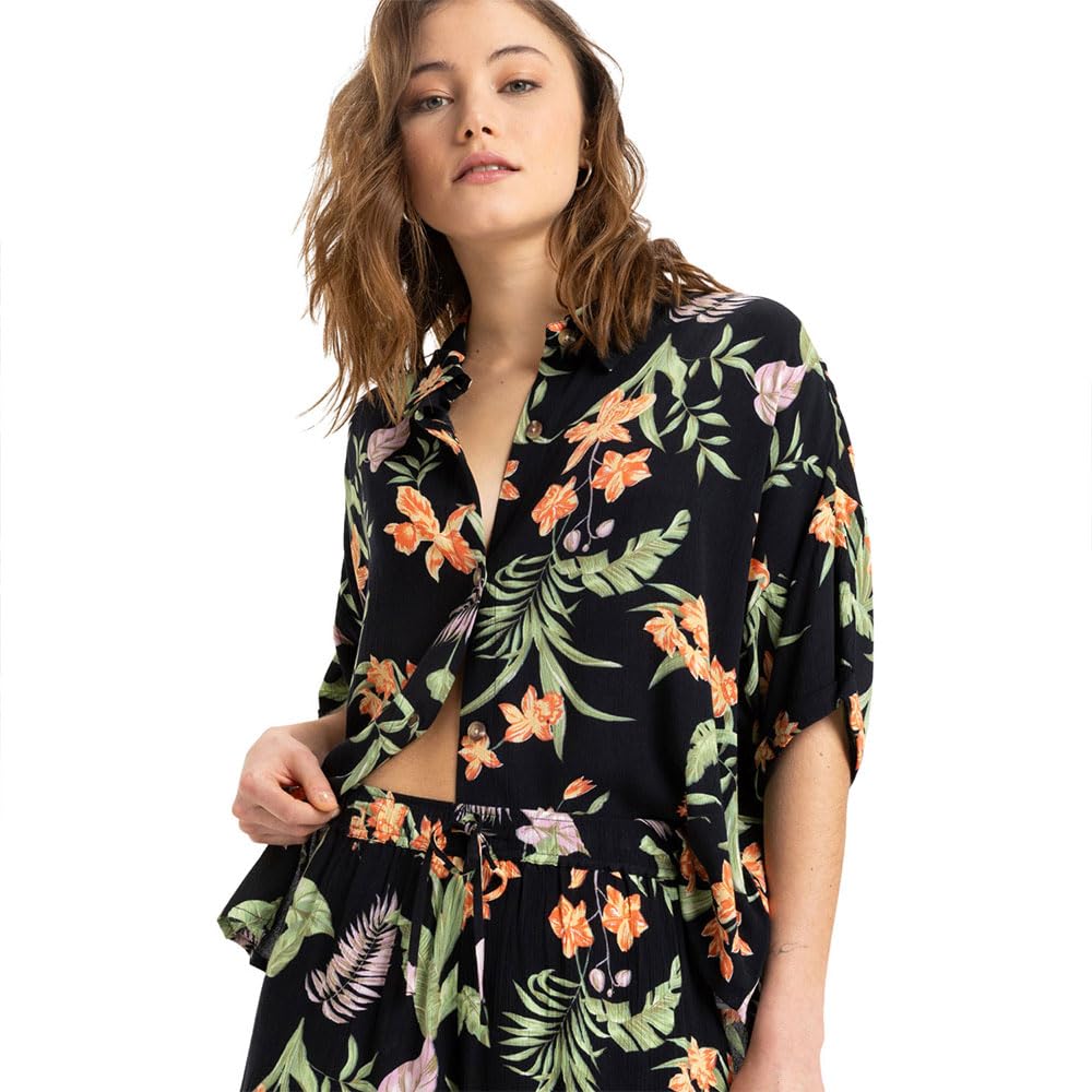 Roxy Beach Nostalgia Crinkle Short Sleeve Shirt M Black