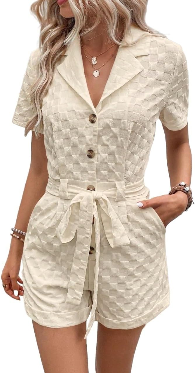 Rompers for Women Summer 2026 Solid Button Front Belted Shirt Romper