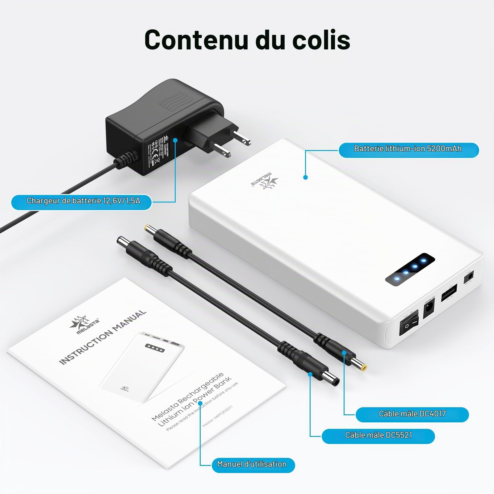 melasta Li-ION Batterie Externe 5200mAh 12V/5A/DC 9V/1.5A/DC 5V/2A USB, Power Bank Chargeur Portable avec Chargeur avec 3 Ports Sortie et 1 Entrées Compatible Bande LED, DVR de Voiture, CCTV Caméra