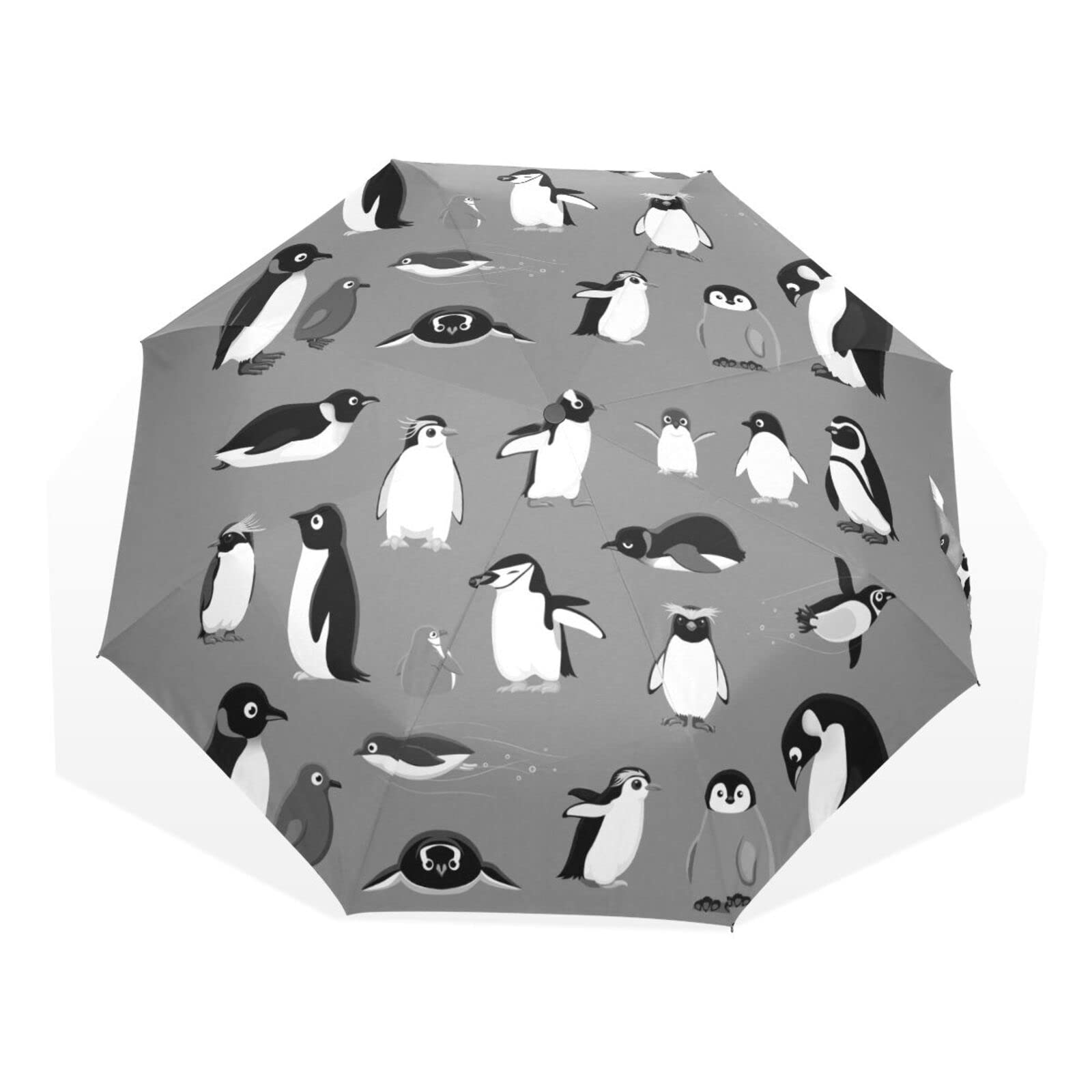 Poeticcity Various Cartoon Penguins Seamless Pattern on Grey Rain Travel Umbrella, Hand Open Close Windproof Waterproof Folding Umbrella, Compact Canopy Strong Ray Parasol Umbrella