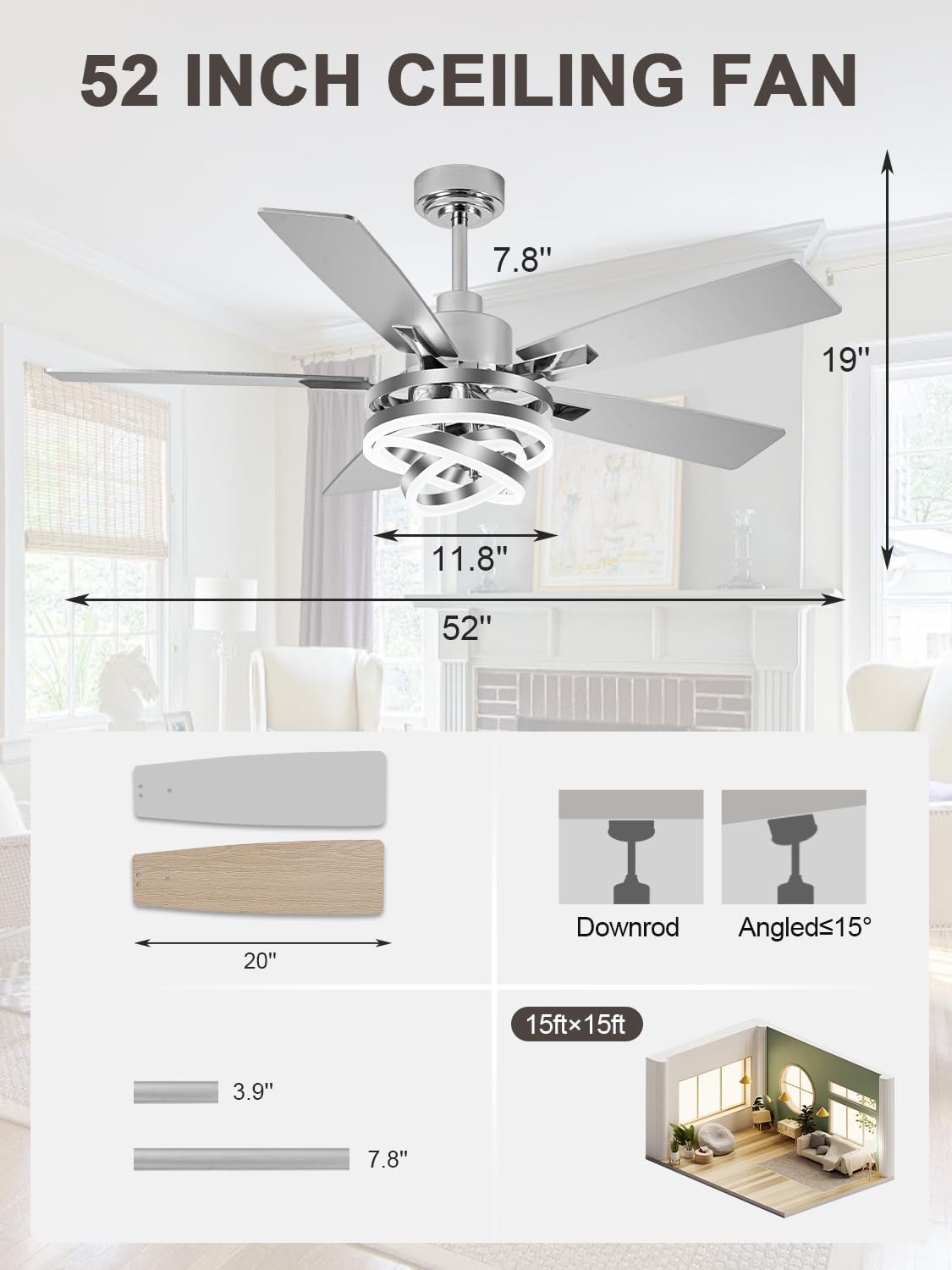Bella Depot 52" Ceiling Fan with Light, Modern Sliver Chandelier Fan with Remote, Rustic Indoor Fandelier Fan with Silent DC Motor for Living Room Bedroom(Chrome)