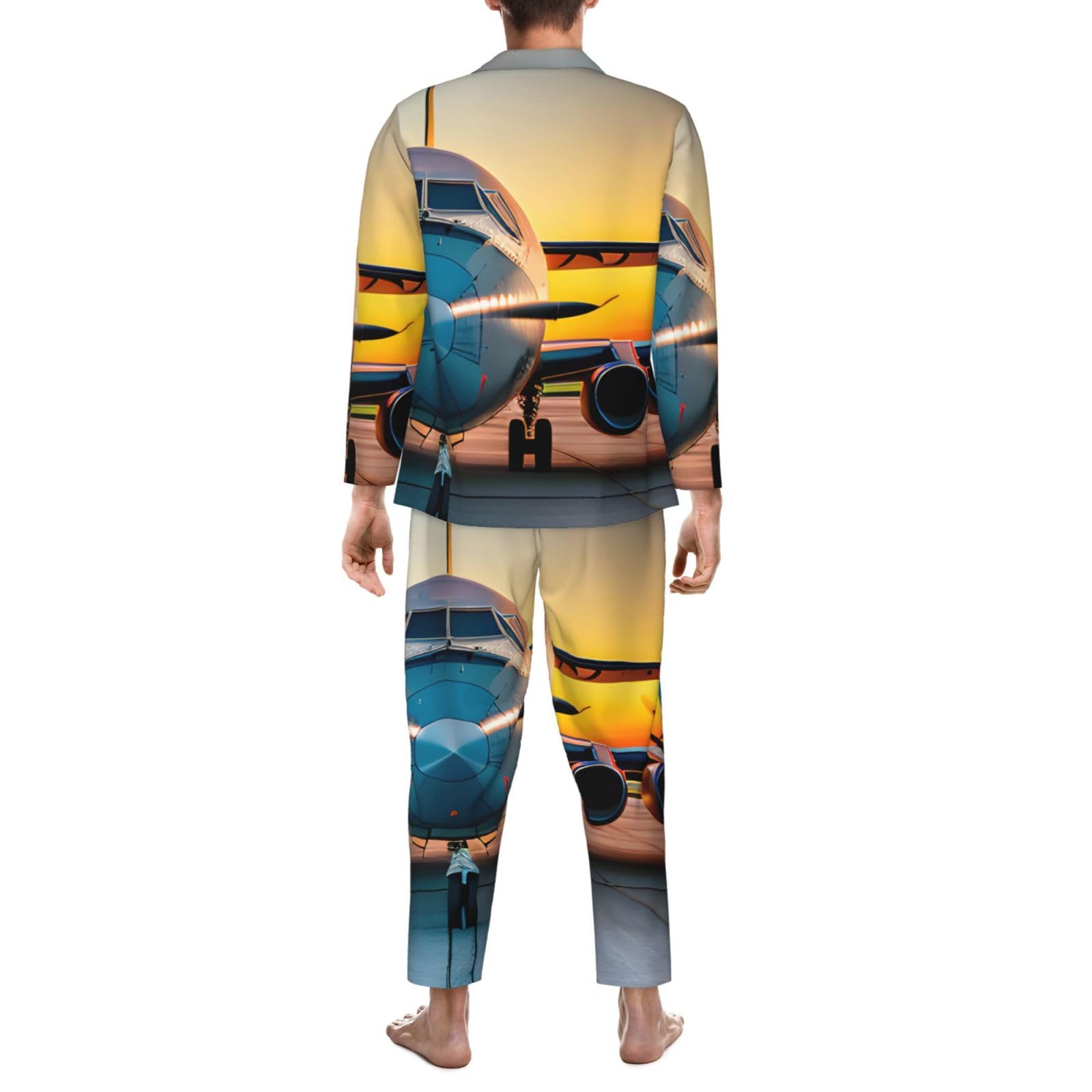 Herren-Pyjama-Set, Motiv: Flugzeug bei Sonnenuntergängen, langärmelig, zweiteilig, bequeme Nachtwäsche