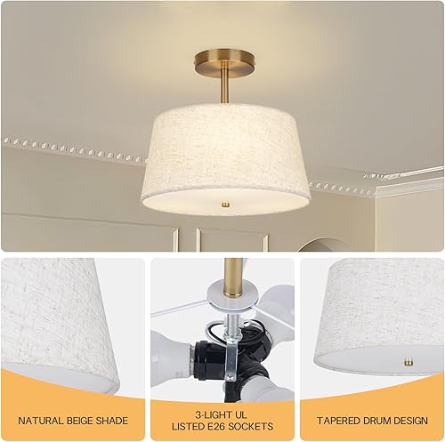 Miniatura 2 de Lámpara de techo semiempotrada moderna en forma de cono, lámpara de tambor de 3 luces con acabado de latón dorado y pantalla de tela beige para