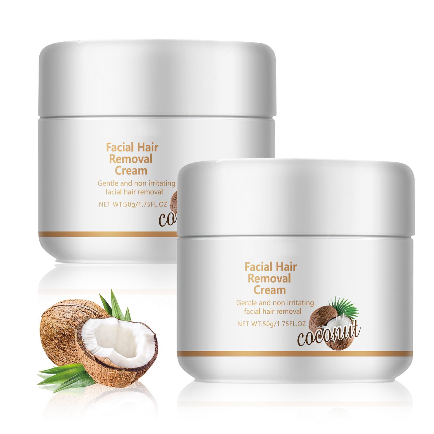 Facial Depilatory Cream, Coconut Hair Remover for Upper Lip and Chin for Face Hair Remover for Body Sensitive Skin Gentle and Non-Irritating,Body Hair Removal Cream for Women (2PCS,50g*2)