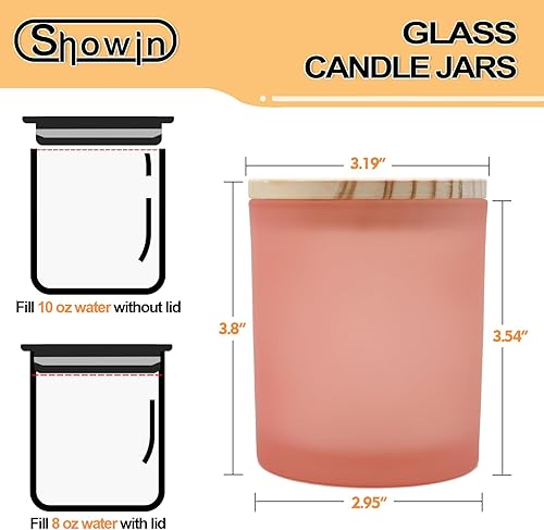 Miniatura 3 de SHOWIN Tarros de vela de vidrio de 10 onzas para hacer velas, 15 unidades, tarros de color rosa esmerilado con tapas de madera para tarros de