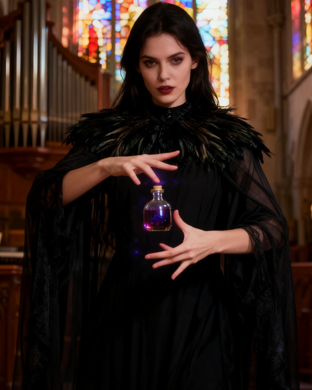 keland Czarna tiulowa peleryna długa z kołnierzem sprężynowym Pióro Cape Halloween Maleficent akcesoria (czarna)