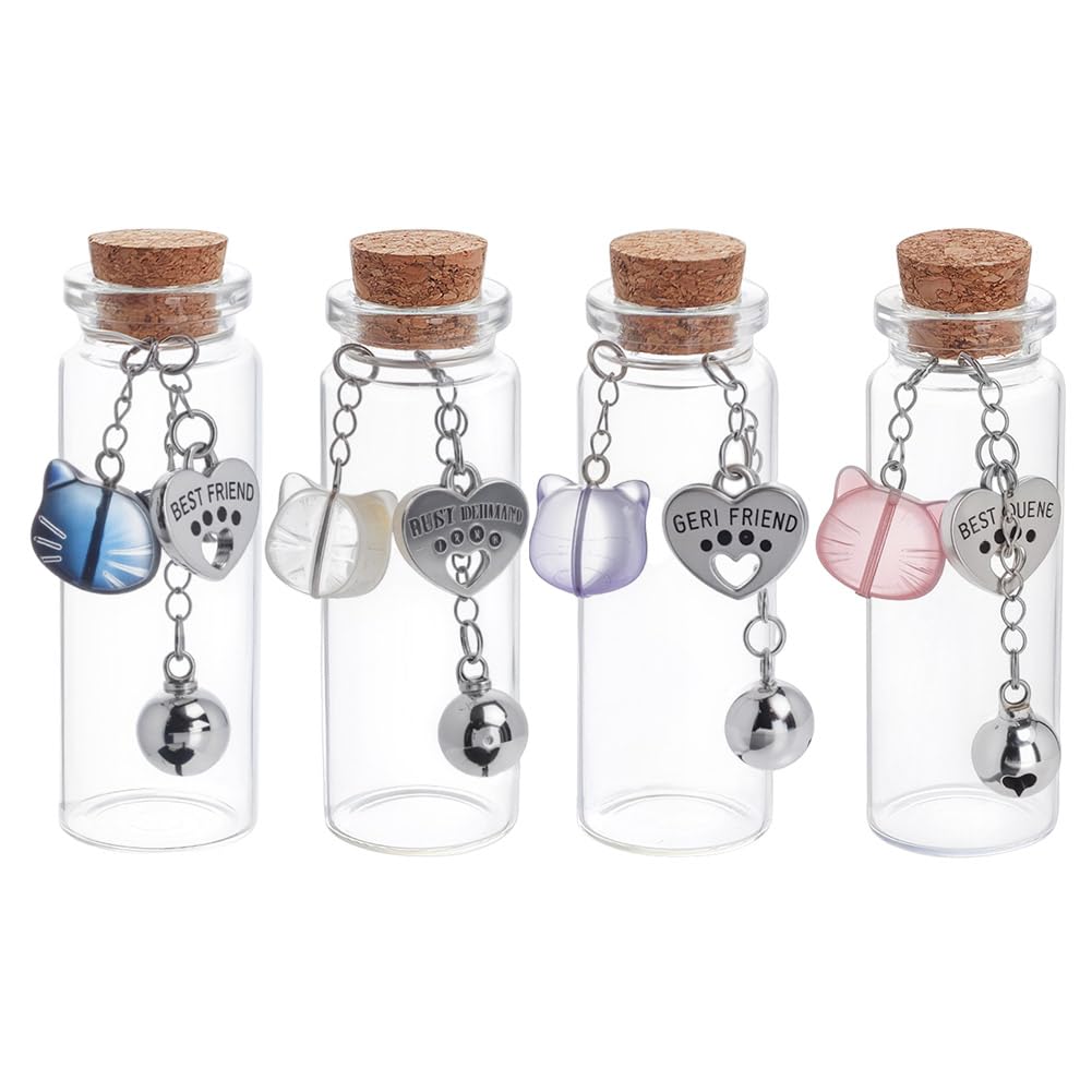 DELORIGIN 4Pcs Pet Hair Glass Memorial Bottle 4 Styles Transparent Empty Bottle with Bells Cat Charm Heart Shaped Plaque Vial for Ashes Or Hair Dog Or Cat Keepsake Pet Memorialize Gift