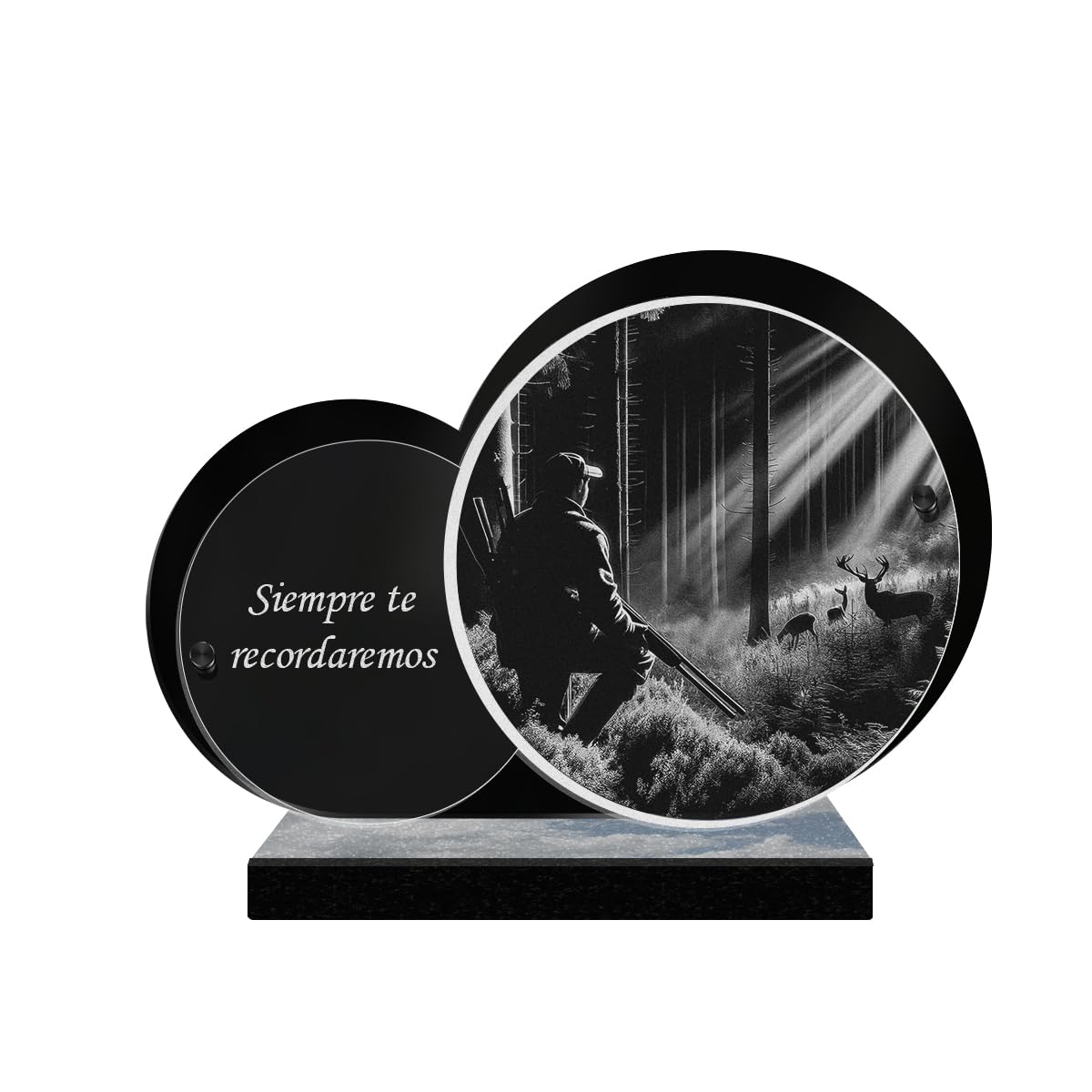 Eternel - Placa Funeraria Personalizada Doble Círculo - Caza, Cazador, Bosque - Texto Personalizable, Placa Funeraria Grabada con Láser para Homenaje, Placa Mortuoria, Cementerio, Conmemoración