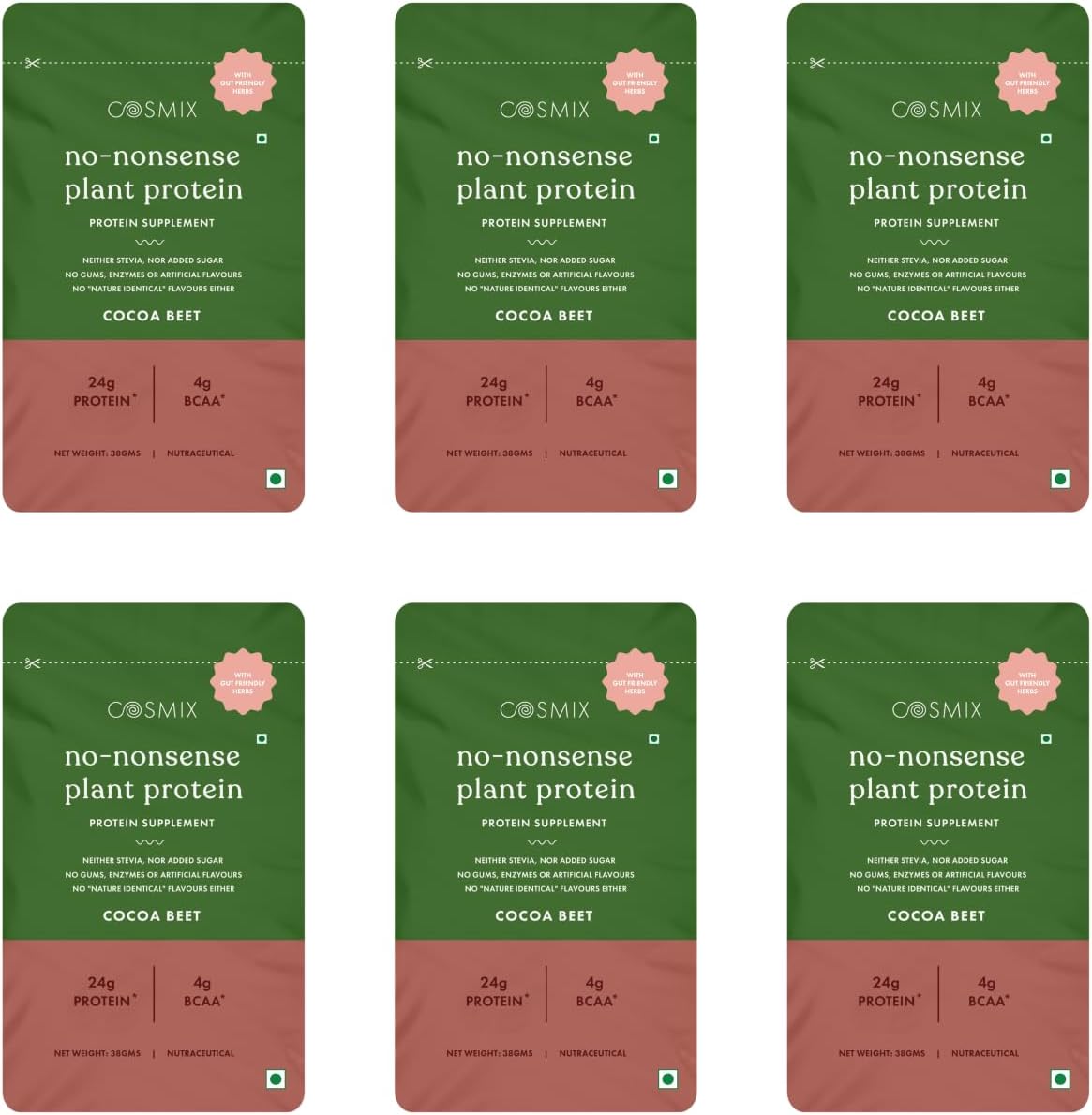 Cosmix No-Nonsense Plant Protein | 24g Protein/Serve | Cocoa Beet | Pea & Rice Isolate | Plant Based Protein | Easy To Digest | All Essential Amino Acids - 38g (Pack of 6 Sachets)
