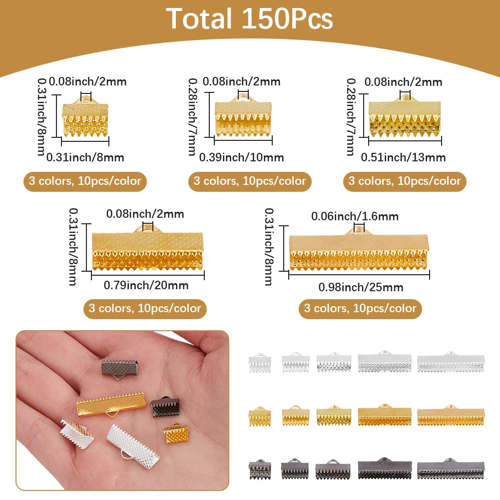 SOFPLATE 1 Box 150Pcs Gold Ribbon End Clamps Bracelet Metal Crimp Ends Iron Pinch Colorful Leather Bookmark Fastener Clasp Cords Findings for Jewelry Making Choker Bracelets Anklets Supplies DIY Craft