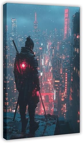 Retro Cyber Samurai Wall Decor  80s Vaporwave Poster  Sci-Fi Tokyo Skyline Art Poster Print for Teen Boys Room Wall Art Canvas Painting Print