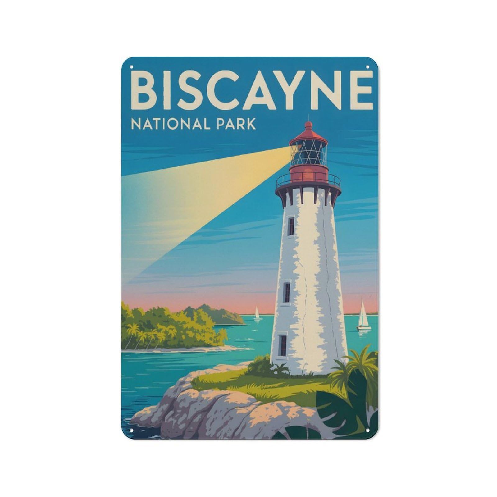 Junmoney Style-2 Vintage Tin Sign 30X20cm With Biscayne National Park Lighthouse Illustration For Living Room Or Hallway, For Vintage Wall Decor Fans, For Metal Sign Collectors