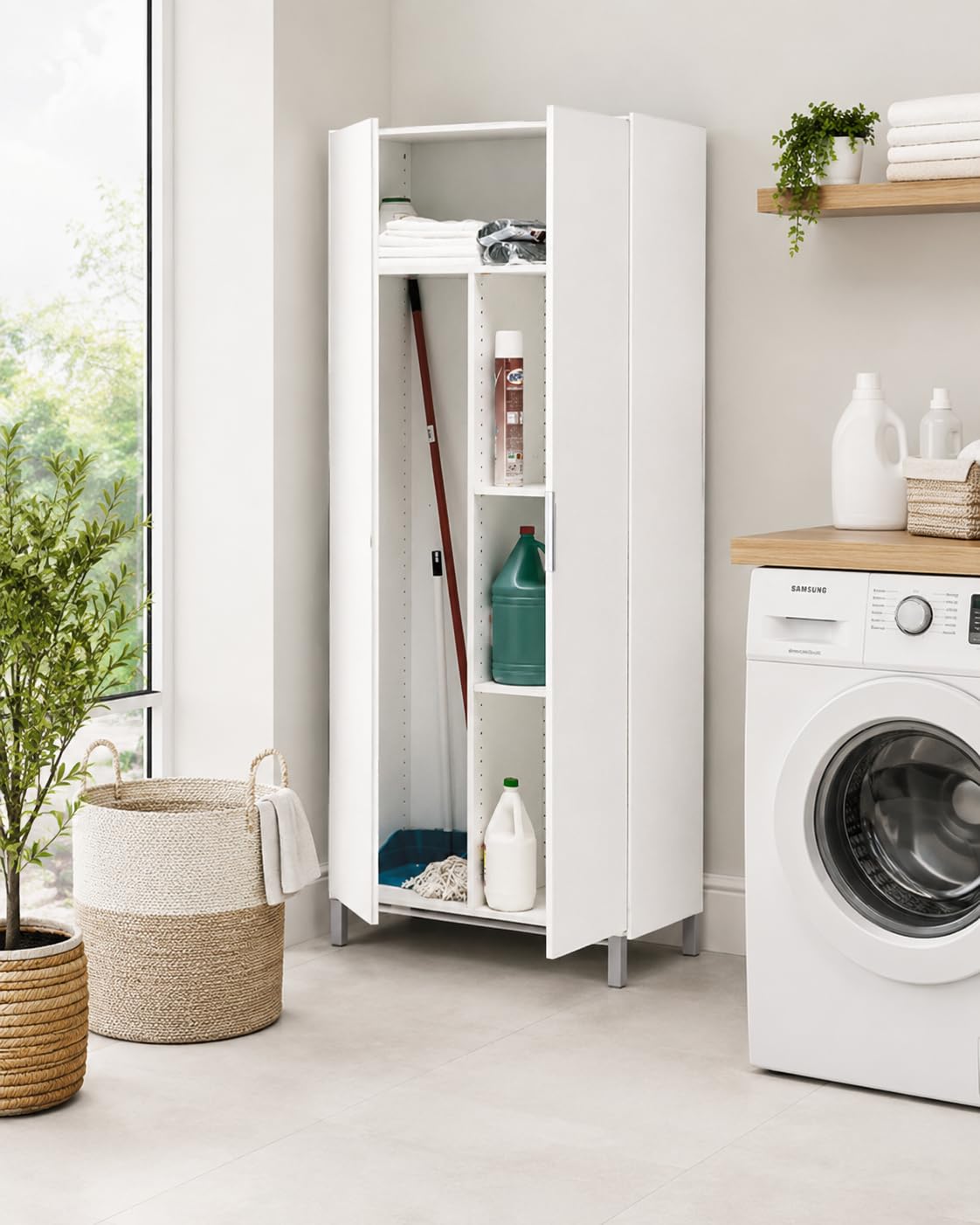 Buyqualia Armario escobero Multiusos de hogar Dos Puertas Color Blanco Alto 188 / Ancho 82 / Fondo 35