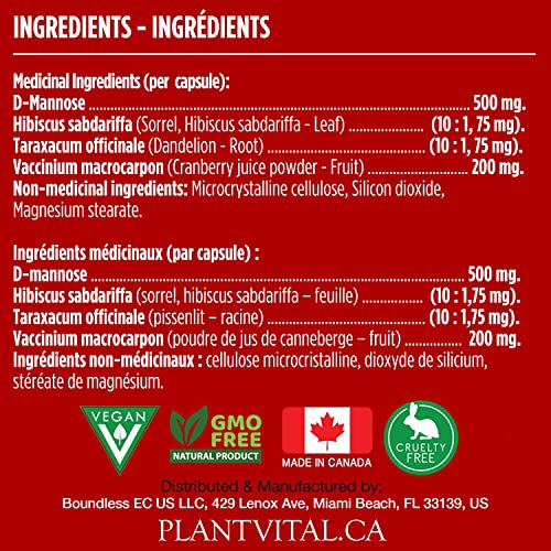 Plantvital D Mannose Capsules With Cranberry - D-Mannose 1000Mg Capsules - High Potency For Bladder, Kidney And Urinary Tract Support. Cranberry Powder With Hibiscus And Dandelion. 2 Months Supply #TOP3