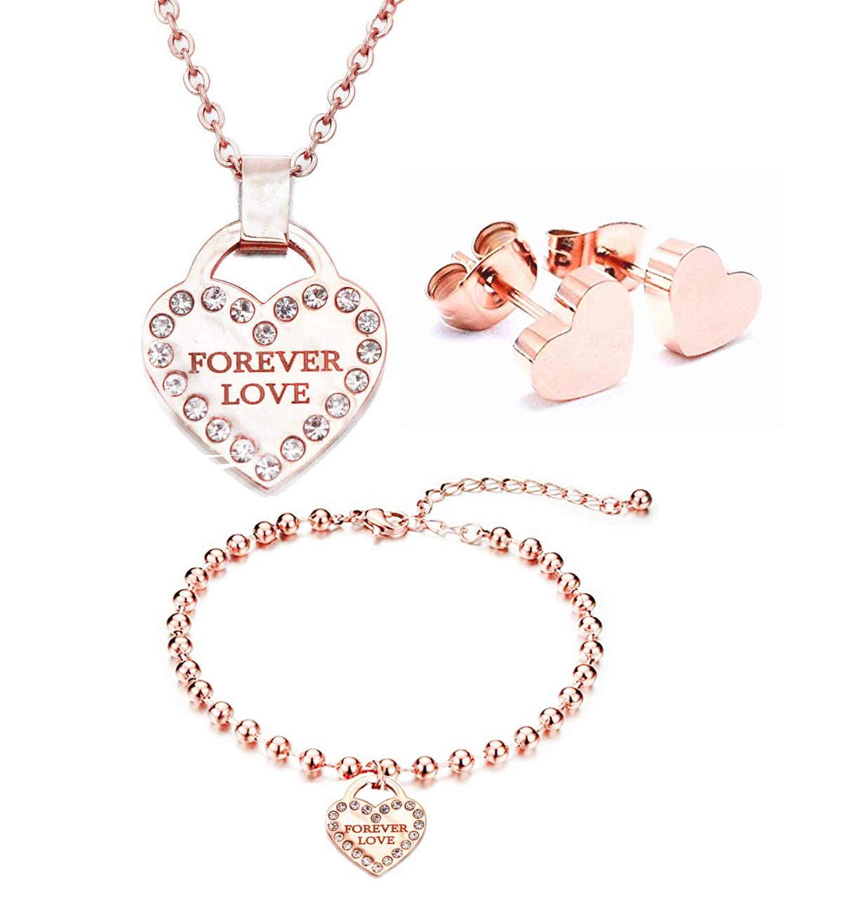 Juego de joyas de corazón para mujer en acero con oro rosa y circonitas 8