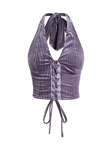 Verdusa Women's Going Out Halter Corset Tops Sleeveless Lace Up Open Back Crop Top - X-Small - Purple