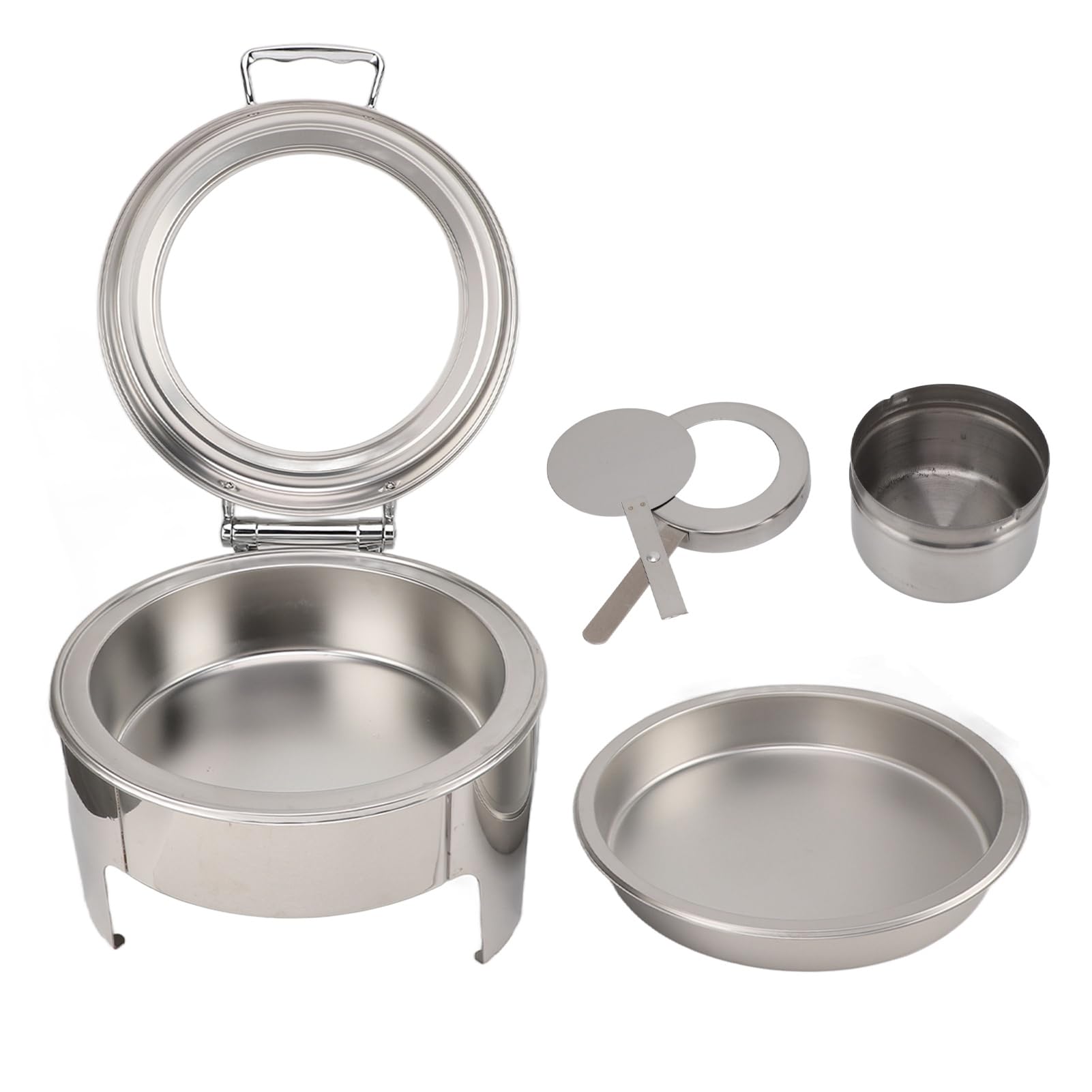 SIXRUN Plato Redondo de Acero Inoxidable de 6 Litros, Servidor de Buffet con Tapa de Vidrio Visible, Tapa Abatible de 90°, Calentador de Alcohol, Sartén Profunda, Acabado Espejo para Catering, (1