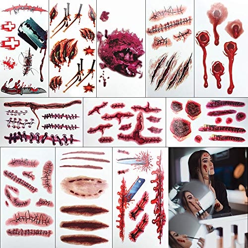 Luxsego 11Sheets (70+) Zombie Tattoos, Zombie Makeup Kit, Scar Tattoos, Horror Realistic Fake Blood Temporary Tattoos Bleeding Wound Horror Injury Tattoo Stickers for Zombie Cosplay Party
